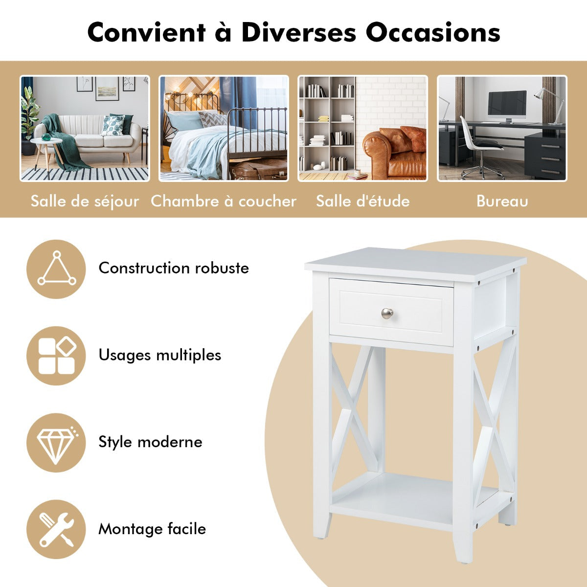 Storage End Bedside Drawer Nightstand w/ Bottom Shelf-White