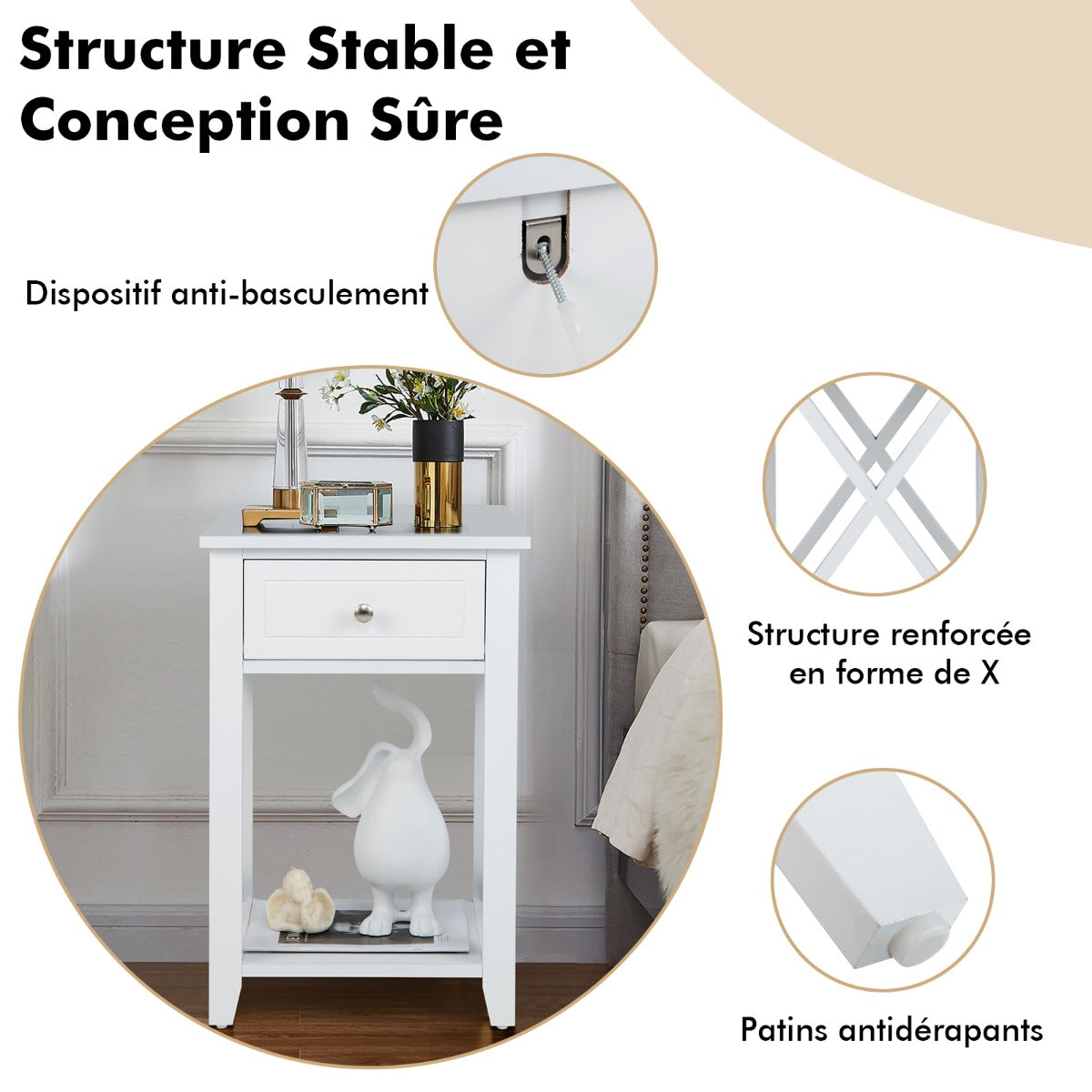 Storage End Bedside Drawer Nightstand w/ Bottom Shelf-White