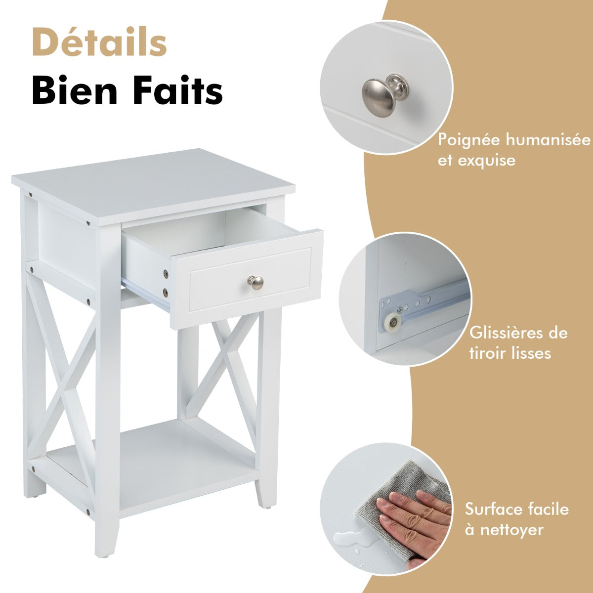 Storage End Bedside Drawer Nightstand w/ Bottom Shelf-White