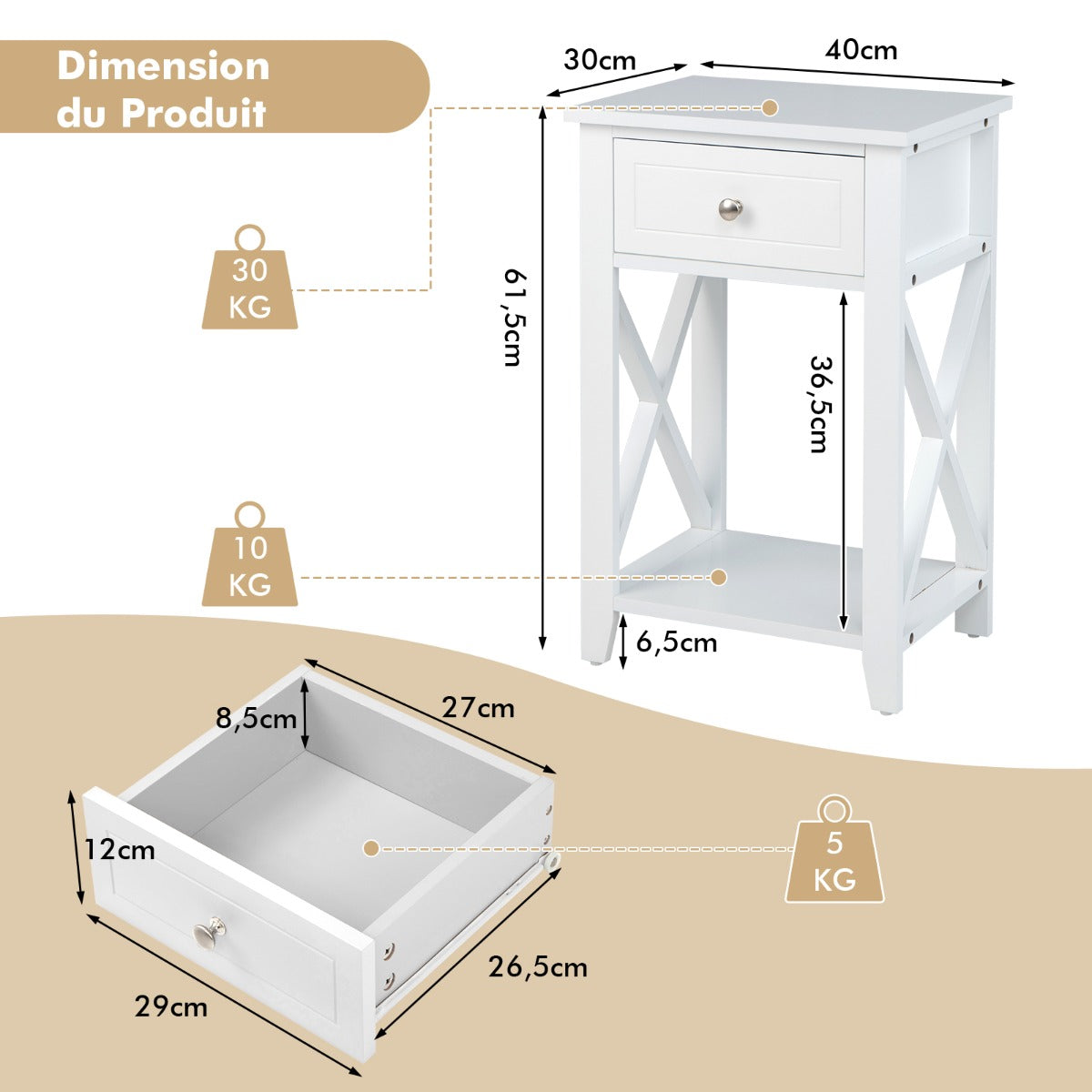 Storage End Bedside Drawer Nightstand w/ Bottom Shelf-White