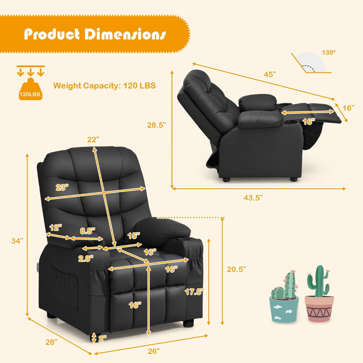 PU Leather Recliner with Cup Holder for Kids