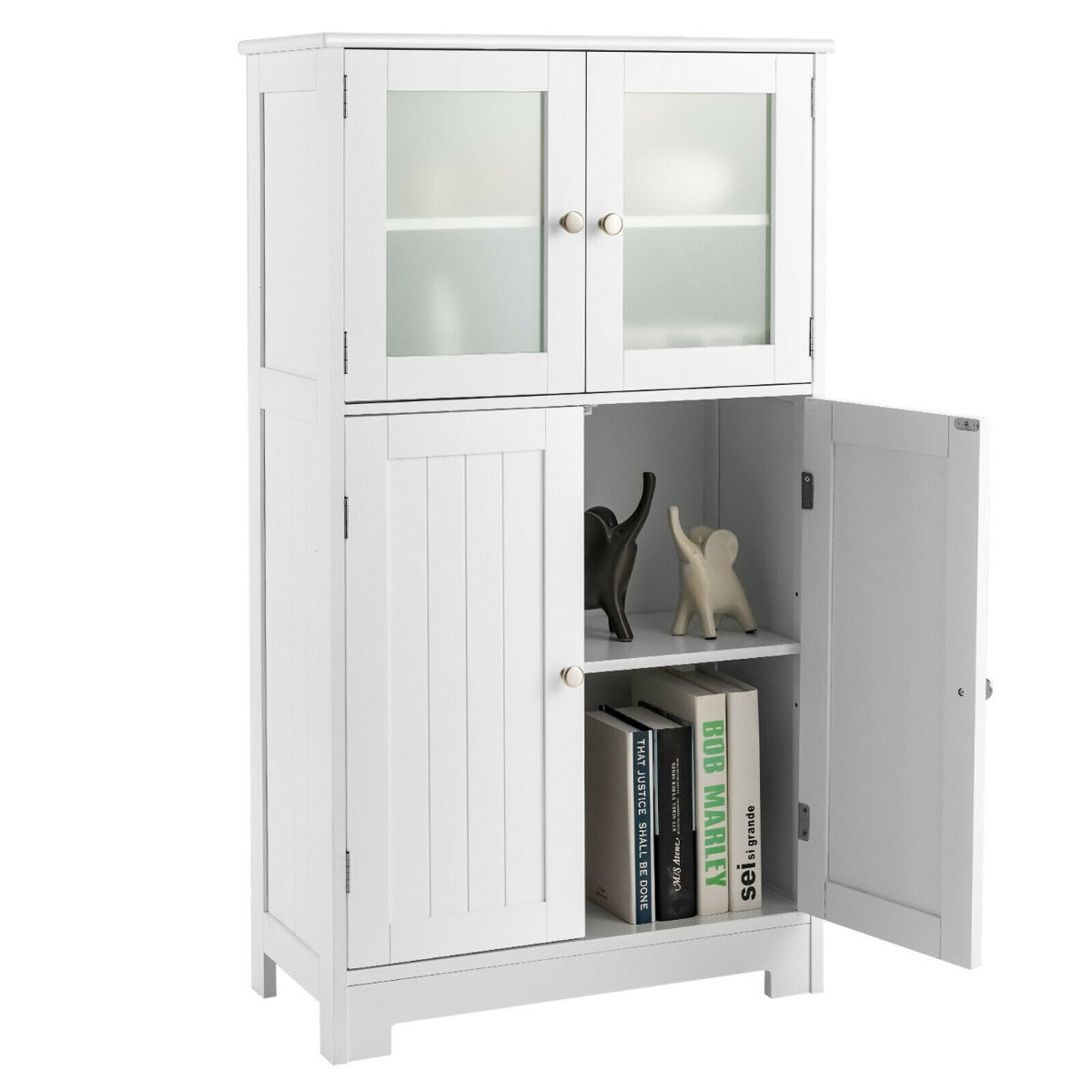 4-Door Bathroom Floor Cabinet with Tempered Glass Doors