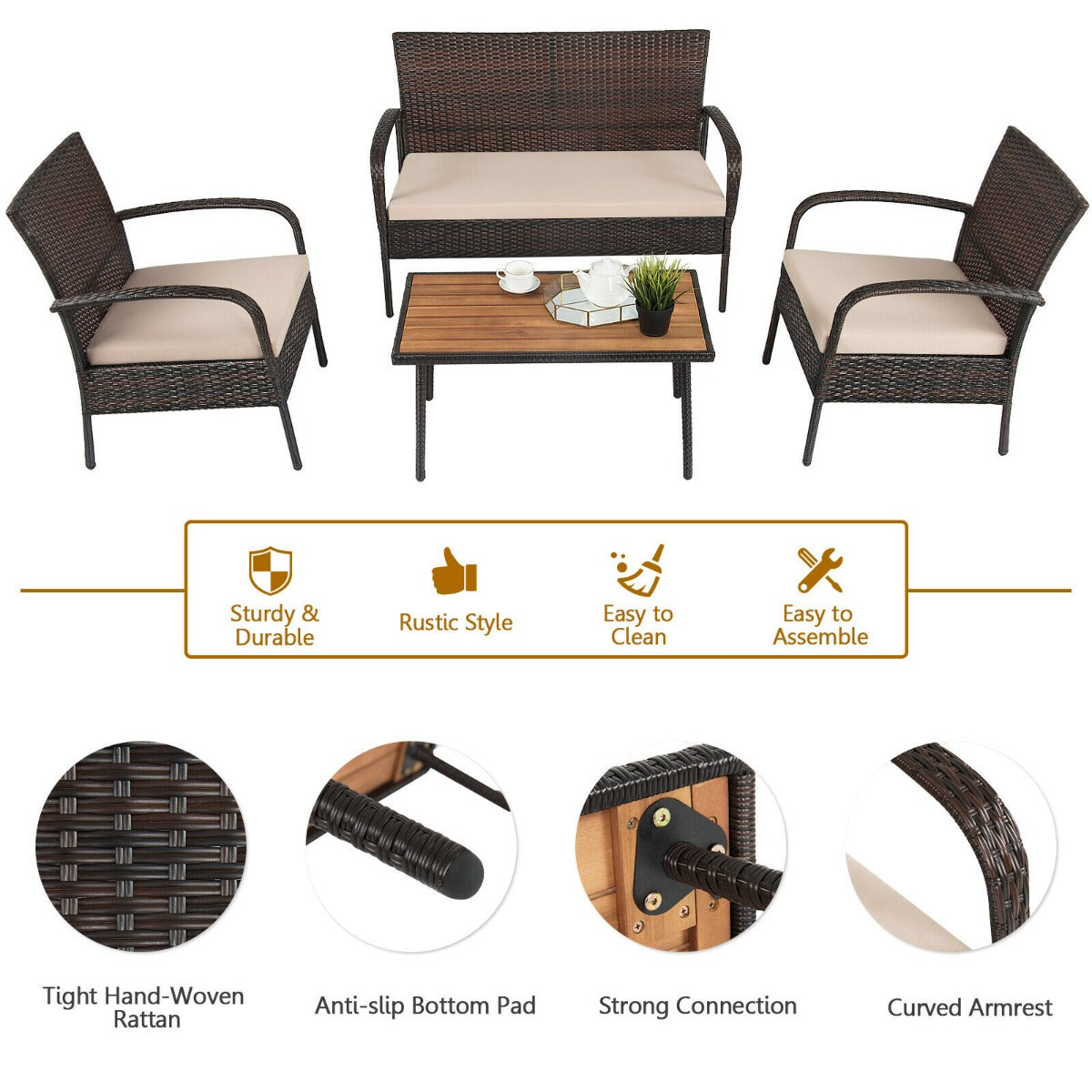 4 Piece Rattan Furniture Set with Cushioned Chairs and Loveseat