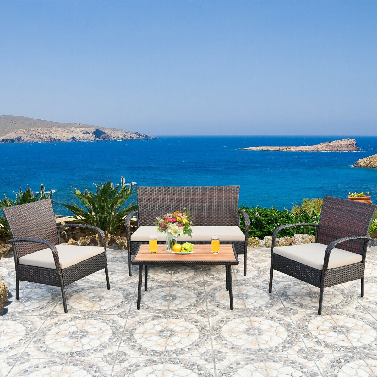 4 Piece Rattan Furniture Set with Cushioned Chairs and Loveseat