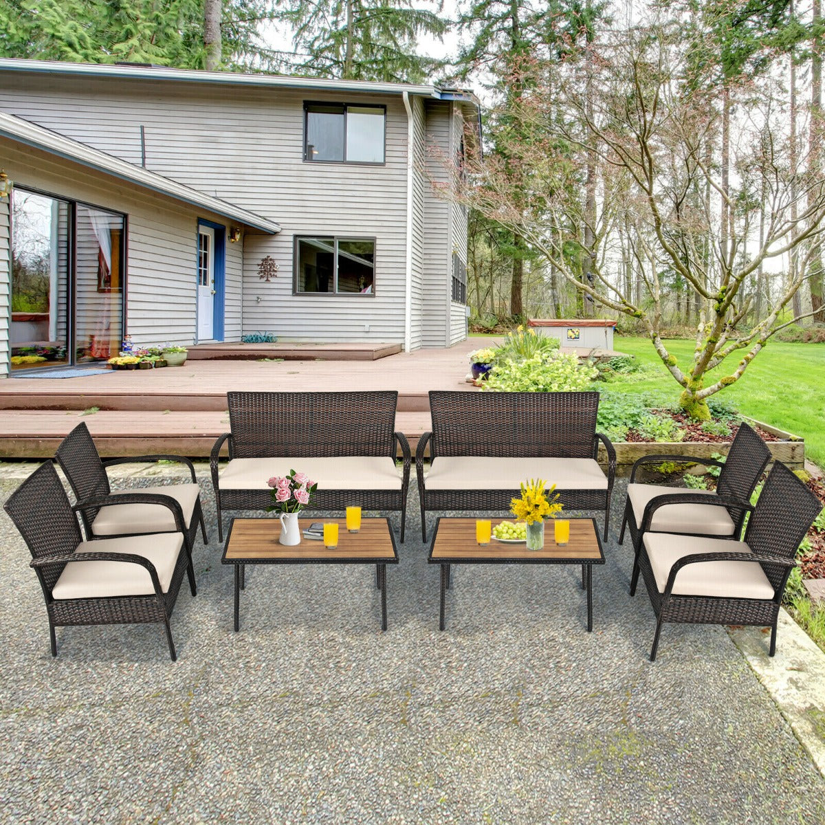 4 Piece Rattan Furniture Set with Cushioned Chairs and Loveseat