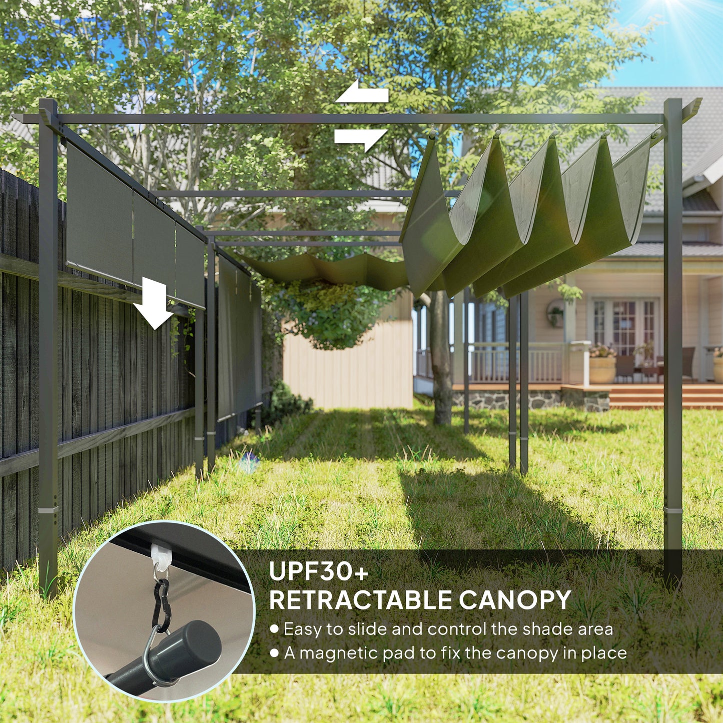 Outsunny 3 x 4m Metalowa pergola z chowanym dachem i roletą, montowana na ścianie lub wolnostojąca ogrodowa altana z baldachimem, UPF30+ zewnętrzna osłona przeciwsłoneczna, szara