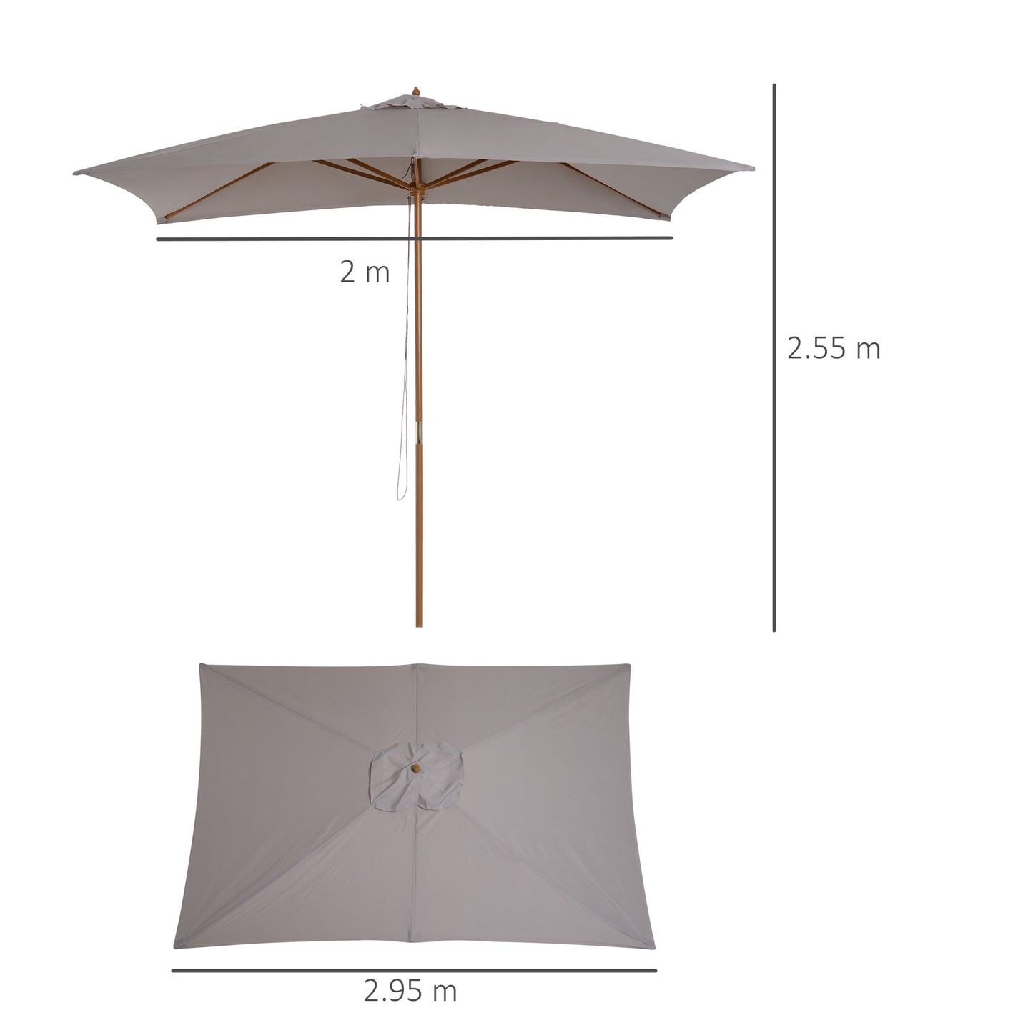 Outsunny 2 x 3m Drewniany Parasol Ogrodowy Zewnętrzny Baldachim Przeciwsłoneczny, Parasol Stołowy z Otworami, Słup 38 mm, Mechanizm Linowy, Jasnoszary