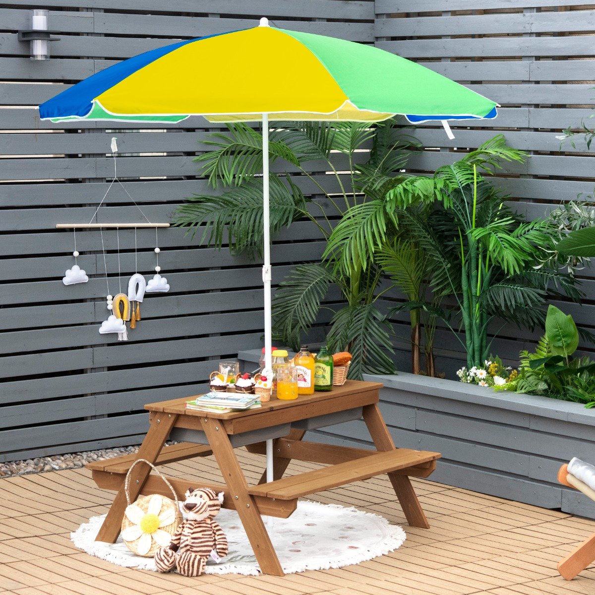 Kids Picnic Table with Umbrella-Yellow & Blue