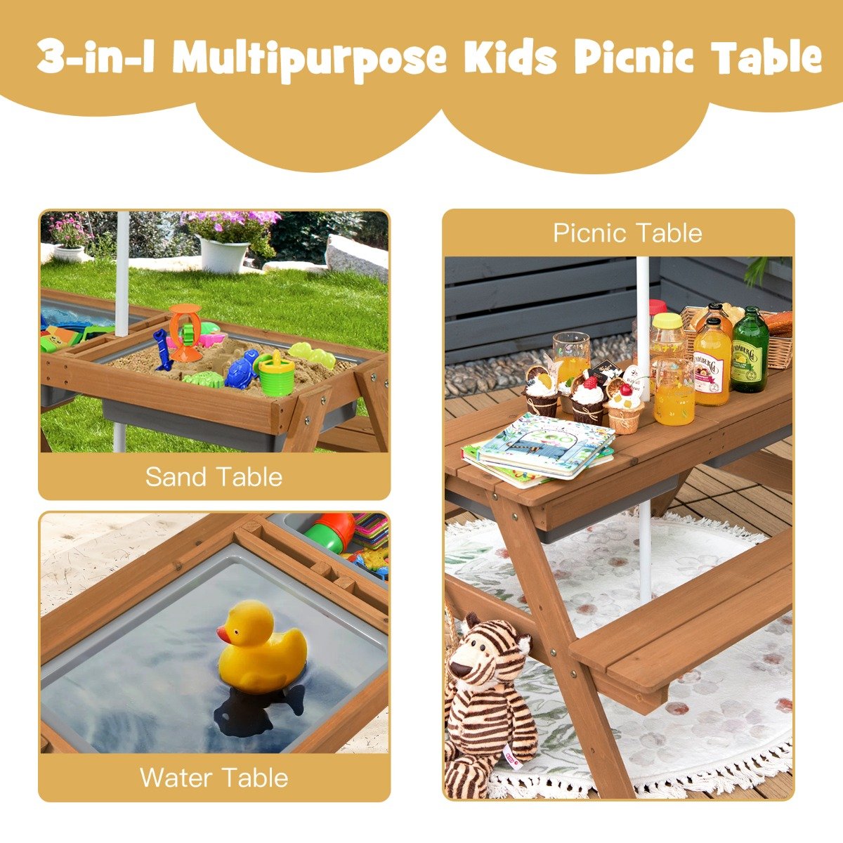 Kids Picnic Table with Umbrella-Yellow & Blue