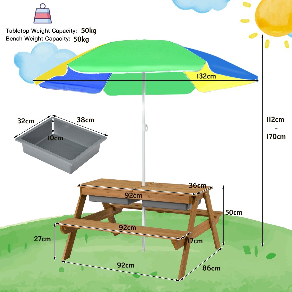 Kids Picnic Table with Umbrella-Yellow & Blue
