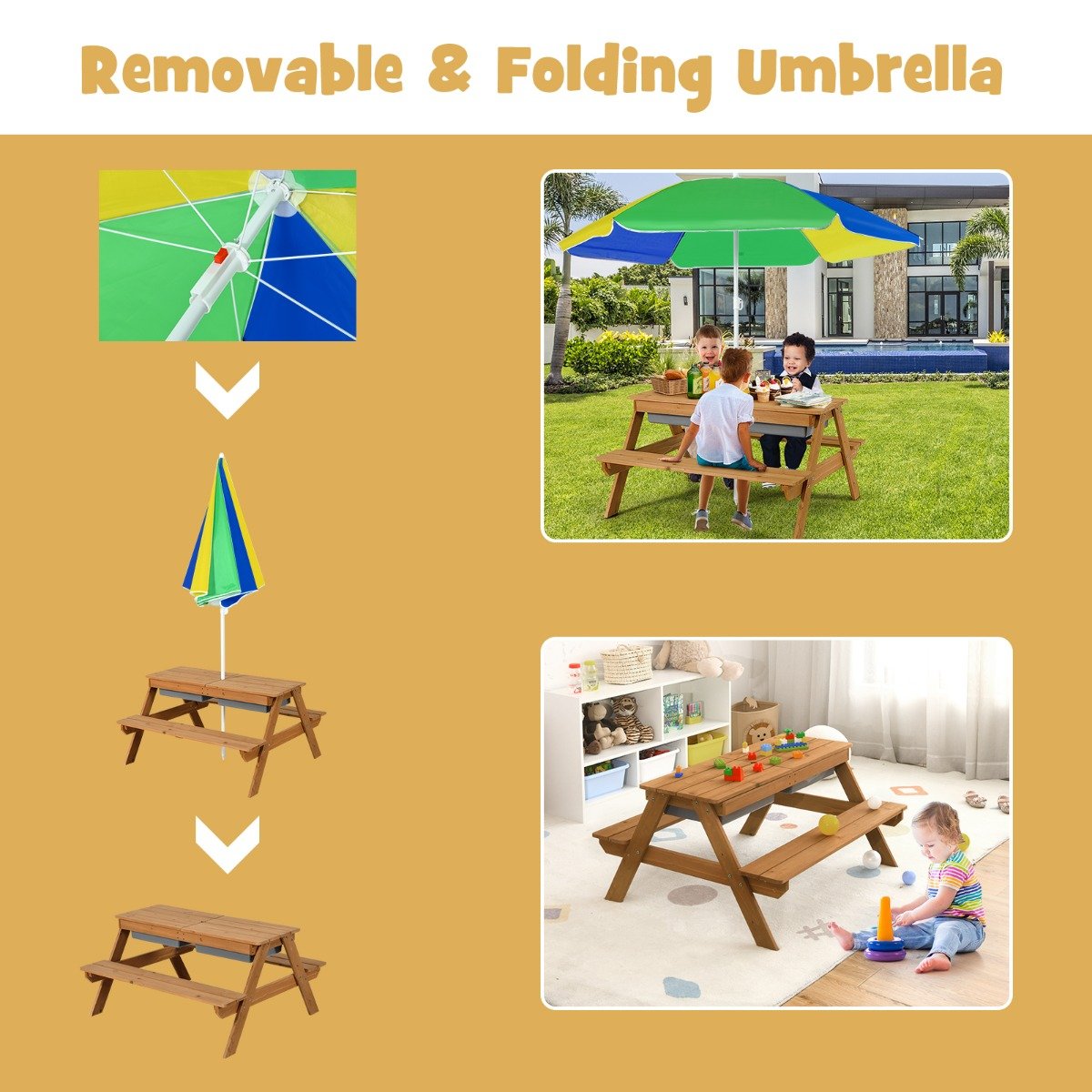 Kids Picnic Table with Umbrella-Yellow & Blue