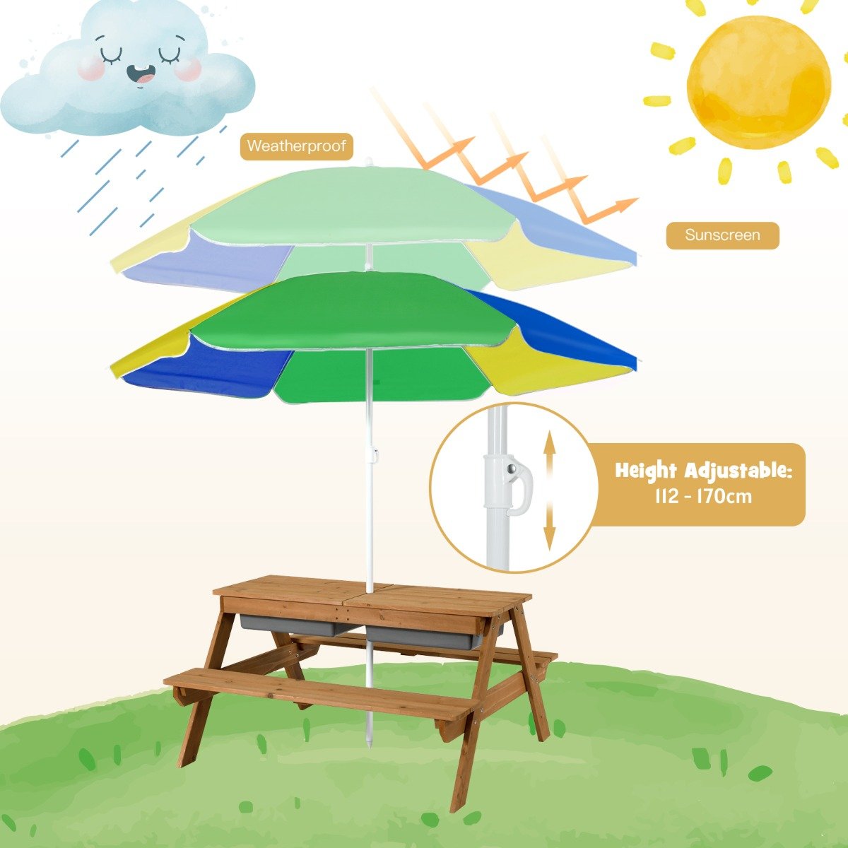 Kids Picnic Table with Umbrella-Yellow & Blue