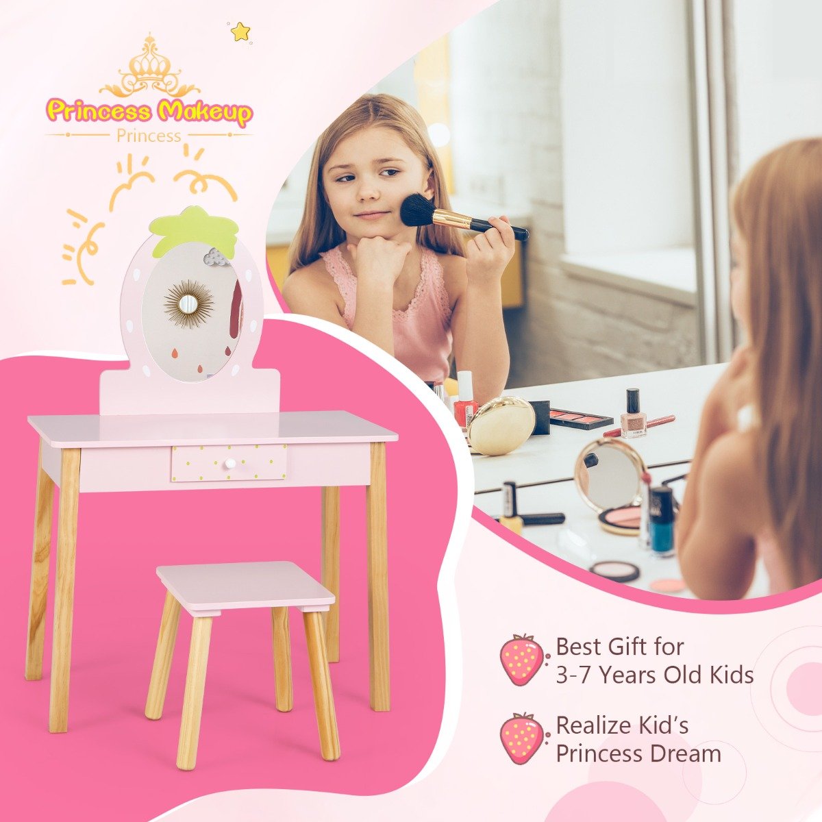 Girls Dressing Tables with Mirror and Drawer for Toddlers-Pink