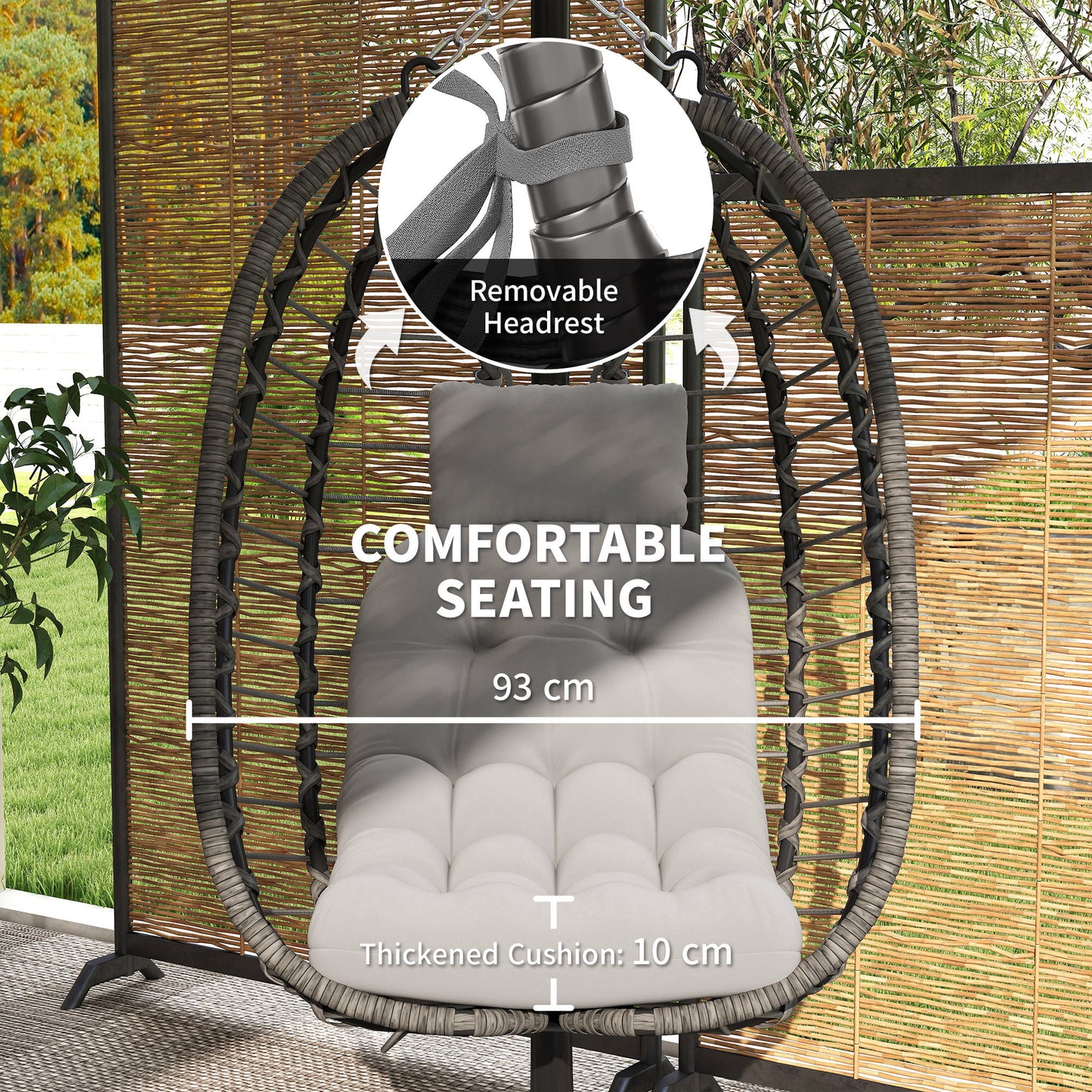 Outsunny Rattan Wiszący Fotel Jajko, Składany Wiklinowy Fotel Hamakowy z Poduszką, Stojak, Regulowana Wysokość, Poduszka Zagłówka, Stalowa Rama Do Ogrodu Patio Wewnątrz Na Zewnątrz, Jasnoszary