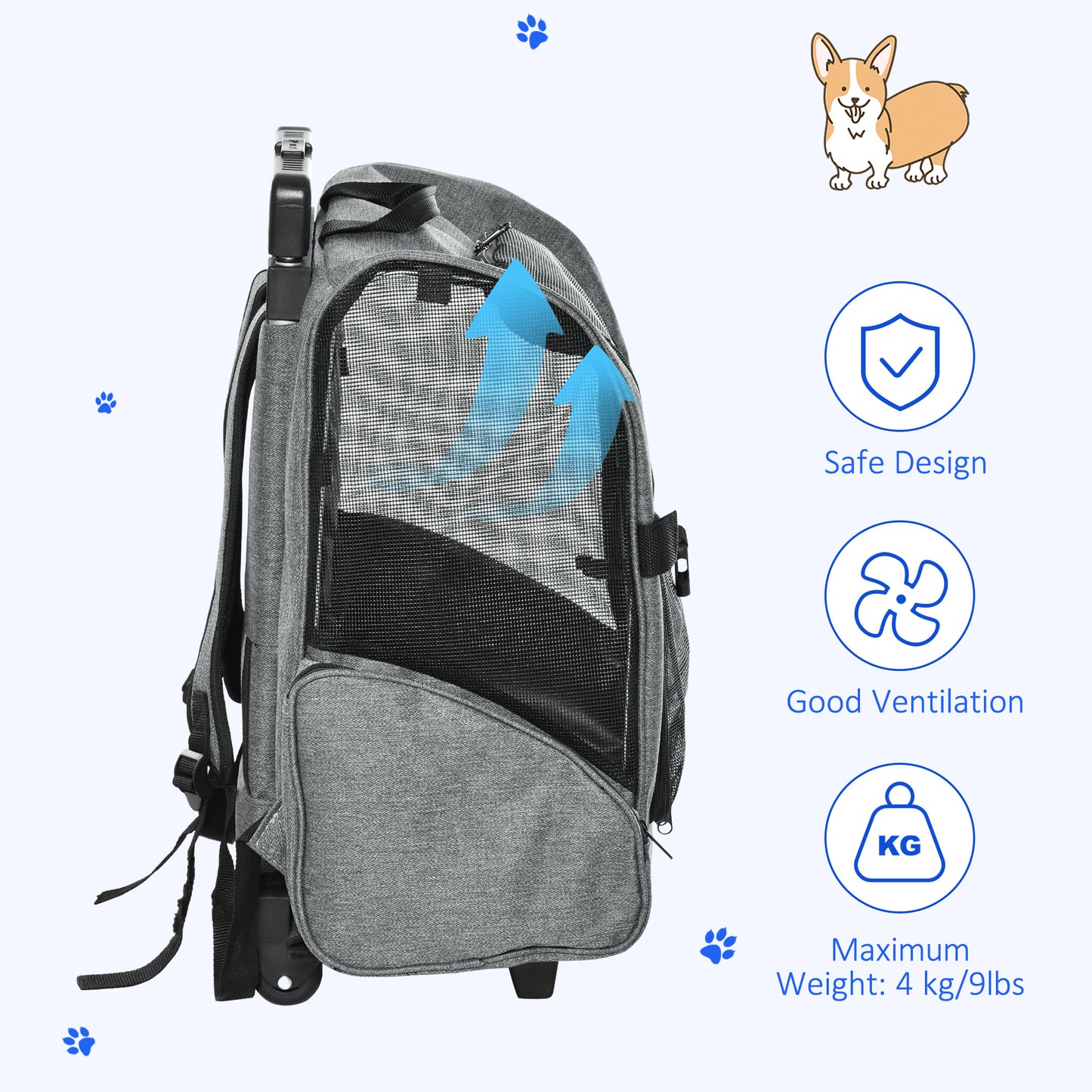 PawHut Pet Travel Backpack Bag Cat Puppy Dog Carrier w/ Trolley and Telescopic Handle Portable Stroller Wheel Luggage Bag (szary)