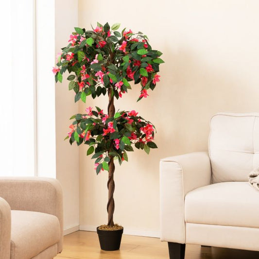 140 CM Artificial Bougainvillea Tree with 252 Flowers and 630 Leaves and Real Wood Trunk