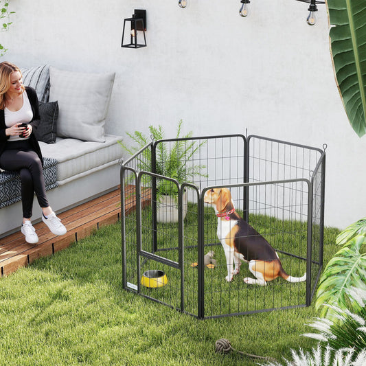 PawHut Six-Panel Dog Playpen with Door, for Medium Dogs, Indoors, Outdoors, 80cm Tall, Black