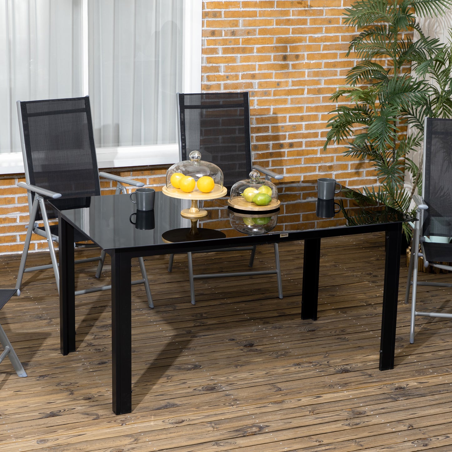 Outsunny Stół ogrodowy do jadalni dla 6 osób, aluminiowy prostokątny stół ogrodowy z blatem ze szkła hartowanego do ogrodu lub na patio, czarny