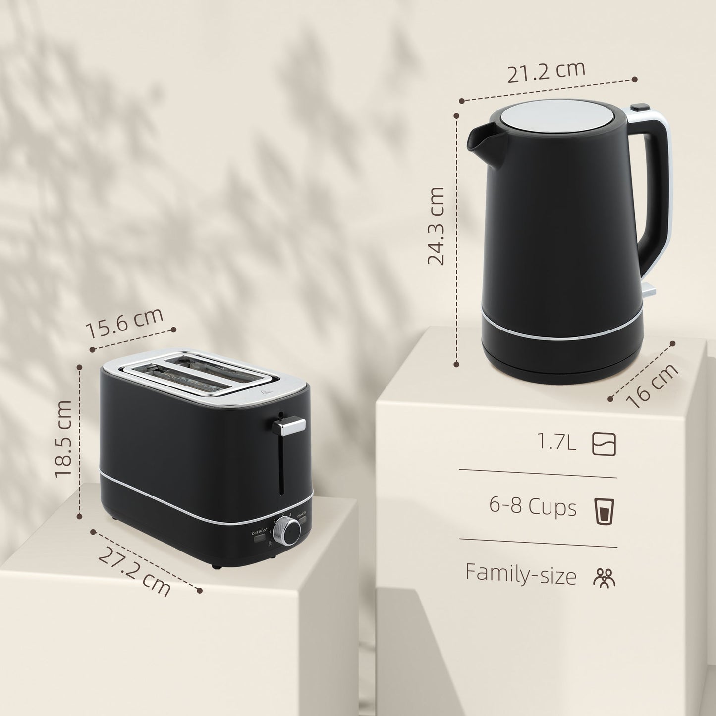 Zestaw czajnika i tostera HOMCOM, czajnik 1,7 l 3000 W do szybkiego gotowania i toster 2-kromkowy, zestaw kuchenny z 6-stopniową kontrolą opiekania, rozmrażaniem, podgrzewaniem, czarny