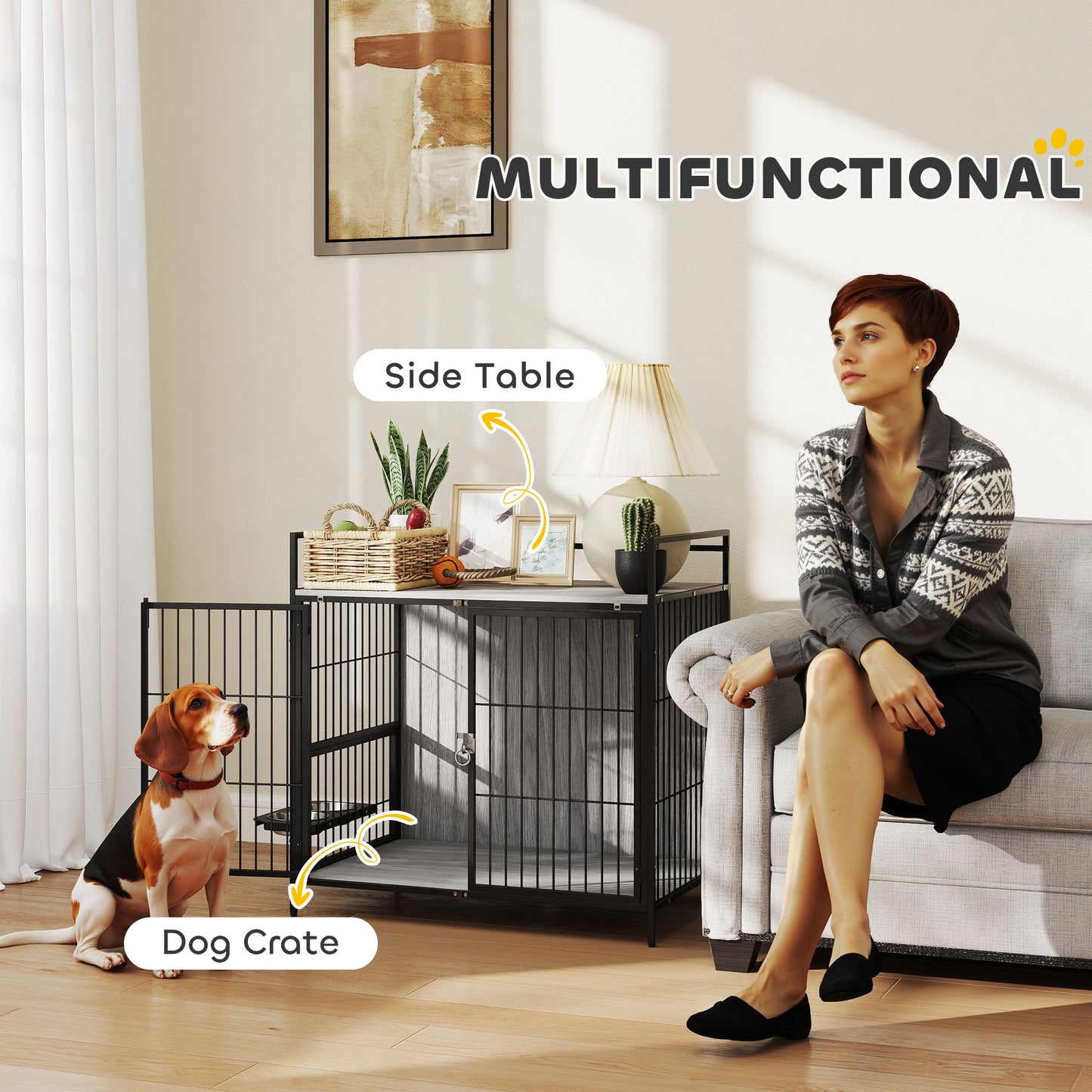 PawHut Dog Crate Furniture with Rotating Bowl Holder, 2 Bowls, 2 Doors, for Medium Dogs, 80 x 56 x 76.5 cm, Grey