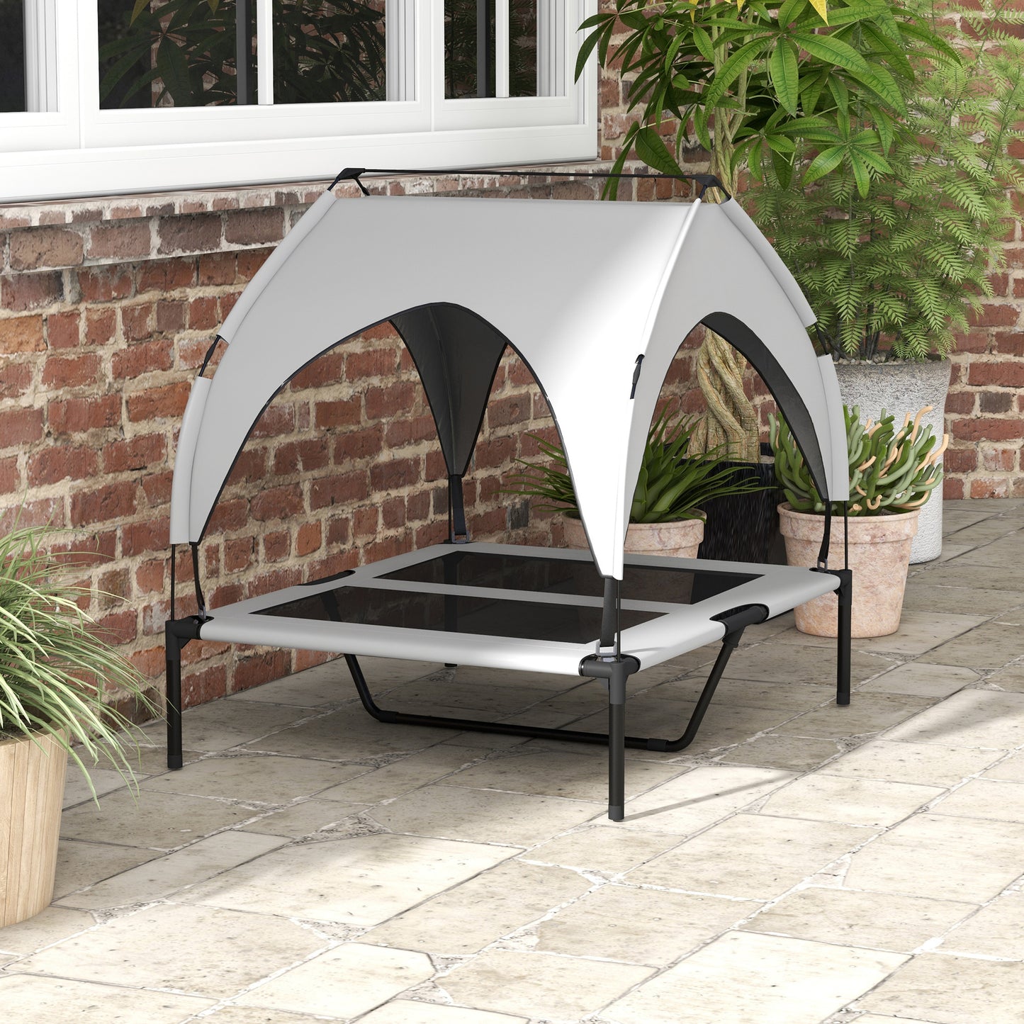 Podwyższone legowisko dla zwierząt PawHut Cooling z oddychającą, zmywalną siateczką, dla średnich i dużych psów, 91 x 76 x 89 cm – jasnoszare