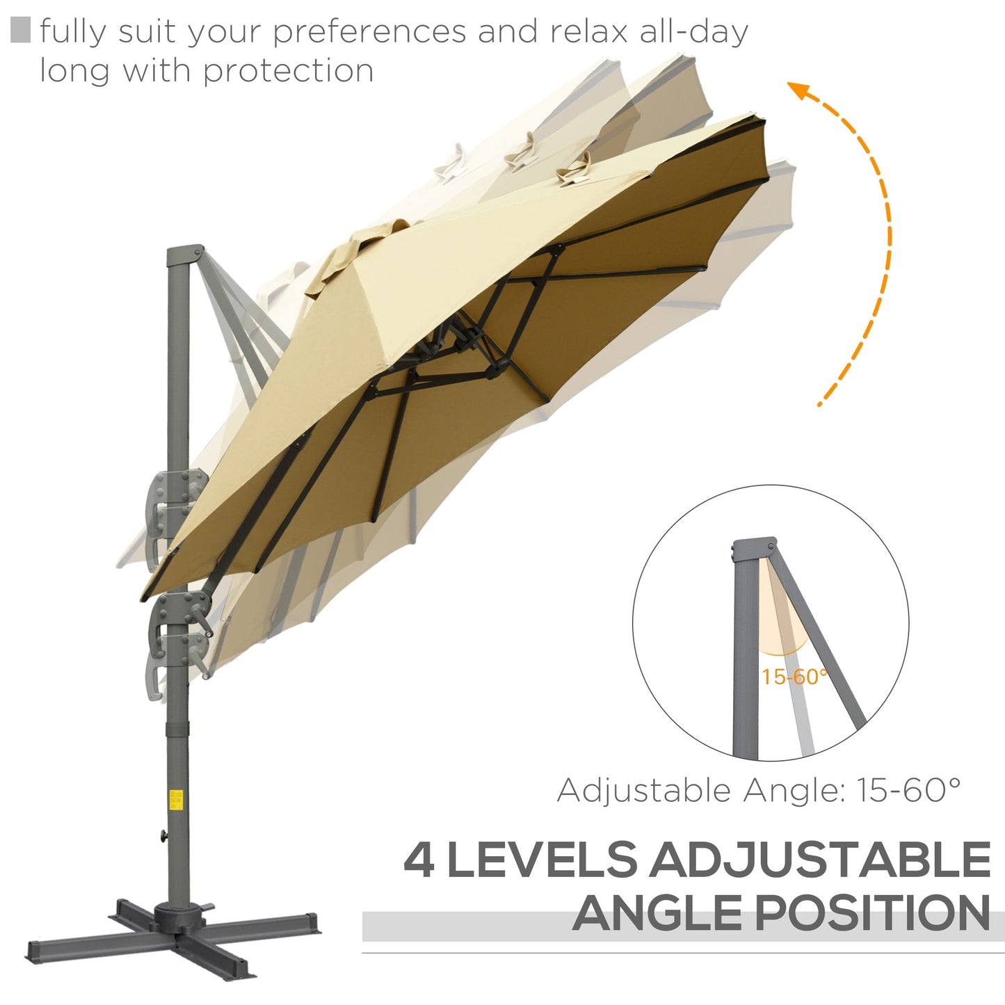 Outsunny 4.5Â m Patio Parasol, Large Double-Sided Rectangular Garden Umbrella with Crank Handle, 360 Cross Base for Bench, Outdoor, Khaki