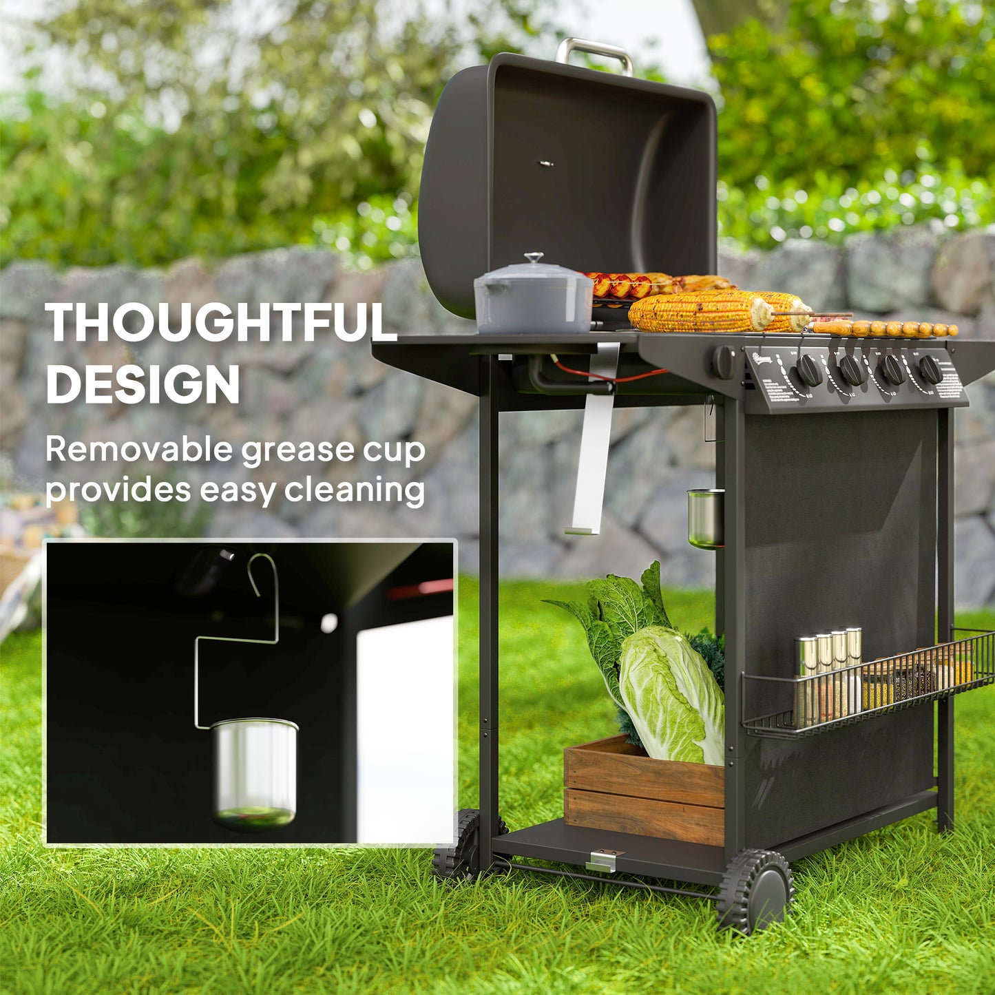 Outsunny 4+1 palnikowy grill gazowy, przenośny grill gazowy z wbudowanym termometrem, pokrywką, stolikiem bocznym, półką, stojakiem na przyprawy, kółkami, pojemnikiem na tłuszcz do gotowania na świeżym powietrzu na przyjęciu ogrodowym, czarny