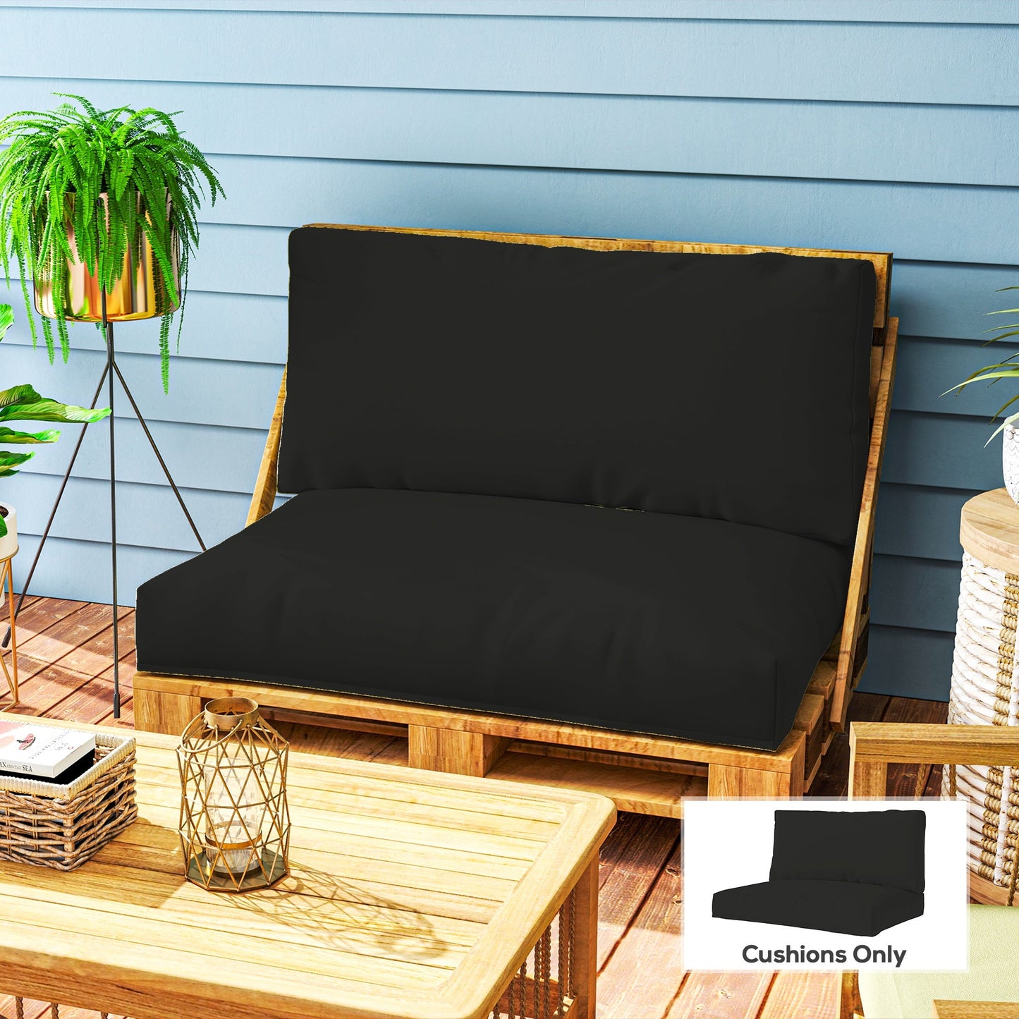 Poduszki do mebli z palet Outsunny 2 Seater, Poduszki z palet, UPF20+, Tkanina 220 g/m2, Grubość 20 cm, Poduszki na siedzenia zewnętrzne, Czarne