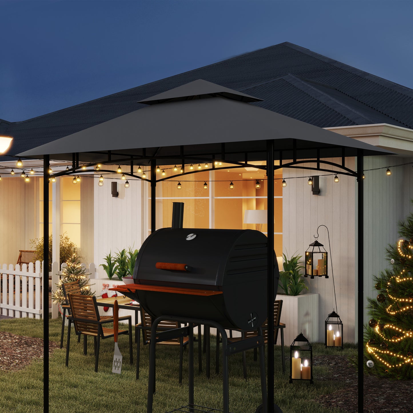 Outsunny Grill Gazebo Replacement Canopy Roof for 1.5 x 2.4m Frame, UPF50+ Protection, Double Tiered 5' x 8' Outdoor BBQ Gazebo Cover Replacement, TOP COVER ONLY, Dark Grey