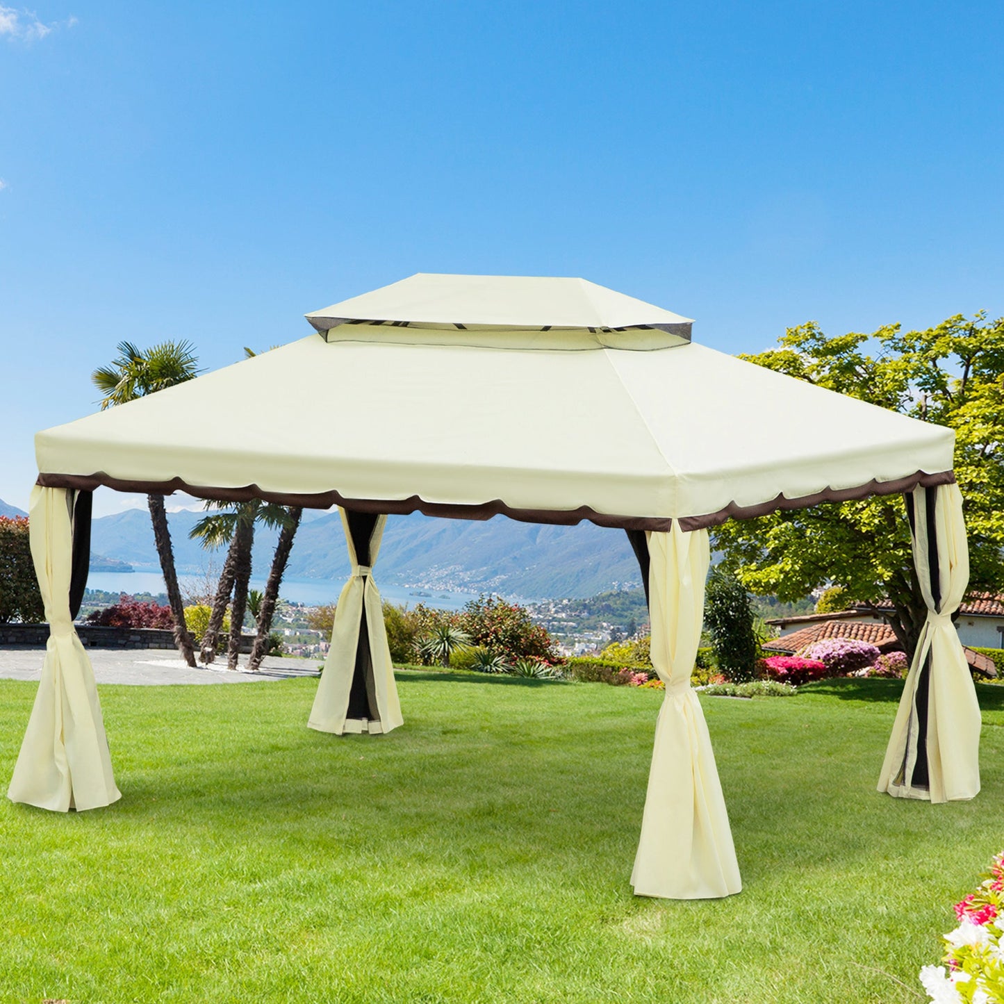 Outsunny 4 x 3 m Aluminum Garden Gazebo, Double Roof Outdoor Gazebo Canopy Shelter with Netting & Curtains for Garden, Lawn, Backyard and Deck, Cream
