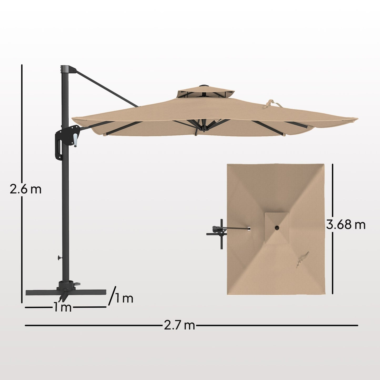 Outsunny 3,7 x 2,7 m parasol wysięgnikowy z obrotem 360√∞ i łatwą regulacją nachylenia, aluminiowy wiszący parasol ogrodowy z podwójnym dachem i podstawą krzyżową, wiszący parasol przeciwsłoneczny UPF50+, czarny