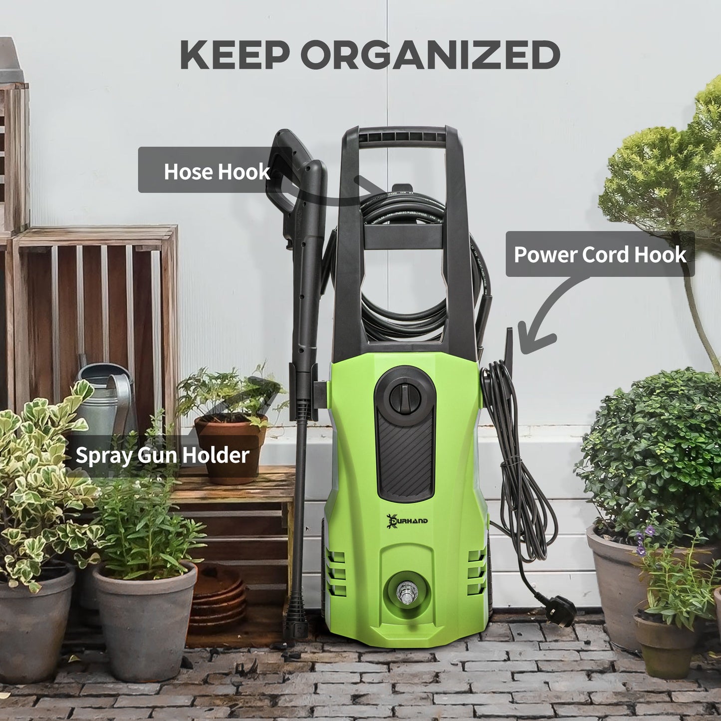 DURHAND 1800W High Pressure Washer, 150 Bar Pressure, 510 L/h Flow, High-Performance Portable Power Washer Jet Wash Cleaner with 6M Hose, Snow Foam Bottle for Garden, Car, Furniture, Green