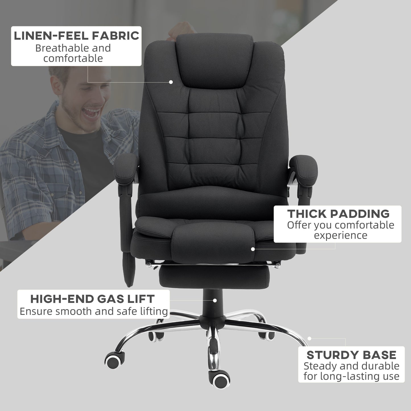 Vinsetto Office Chair with 6 Point Massage and Back Heat, Linen Desk Chair with Footrest Adjustable Height and Swivel Wheels, Back Reclining, Full Black