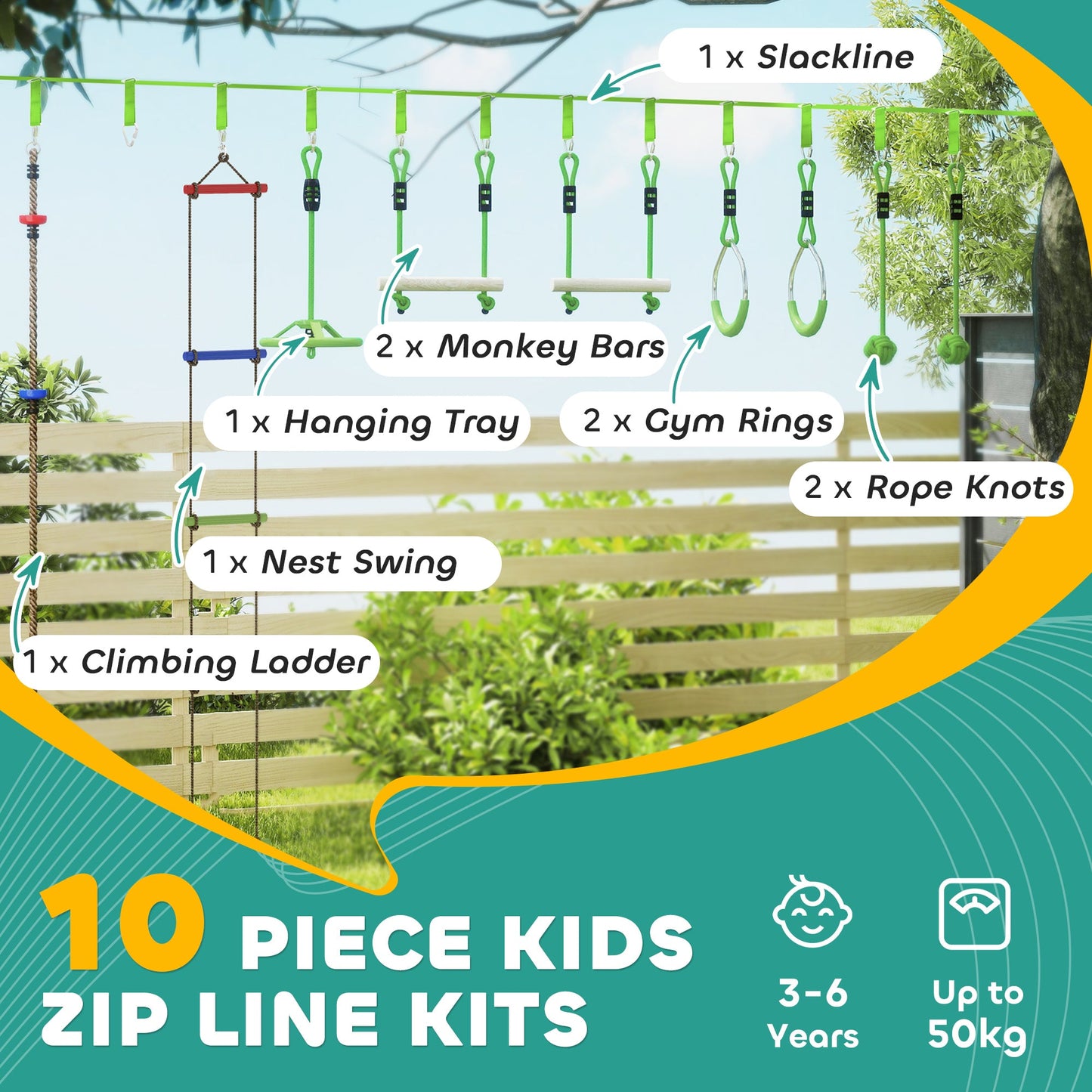 Tor przeszkód AIYAPLAY dla dzieci z 10-częściowym zestawem do slackline z drążkami, kółkami gimnastycznymi, drabinką linową, huśtawką-gniazdem i wiszącą tacką