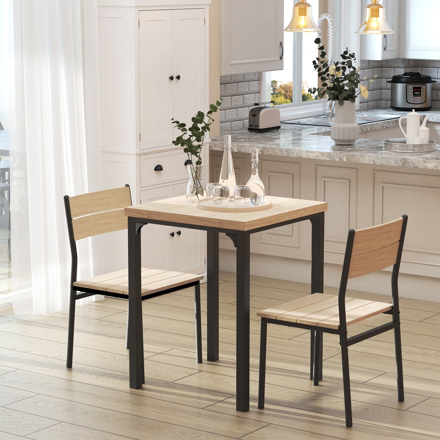 HOMCOM 3 Pieces Compact Dining Table 2 Chairs Set Wooden Metal Legs Bistro cafe Kitchen Breakfast Bar Home Furniture, Light Wood Grain