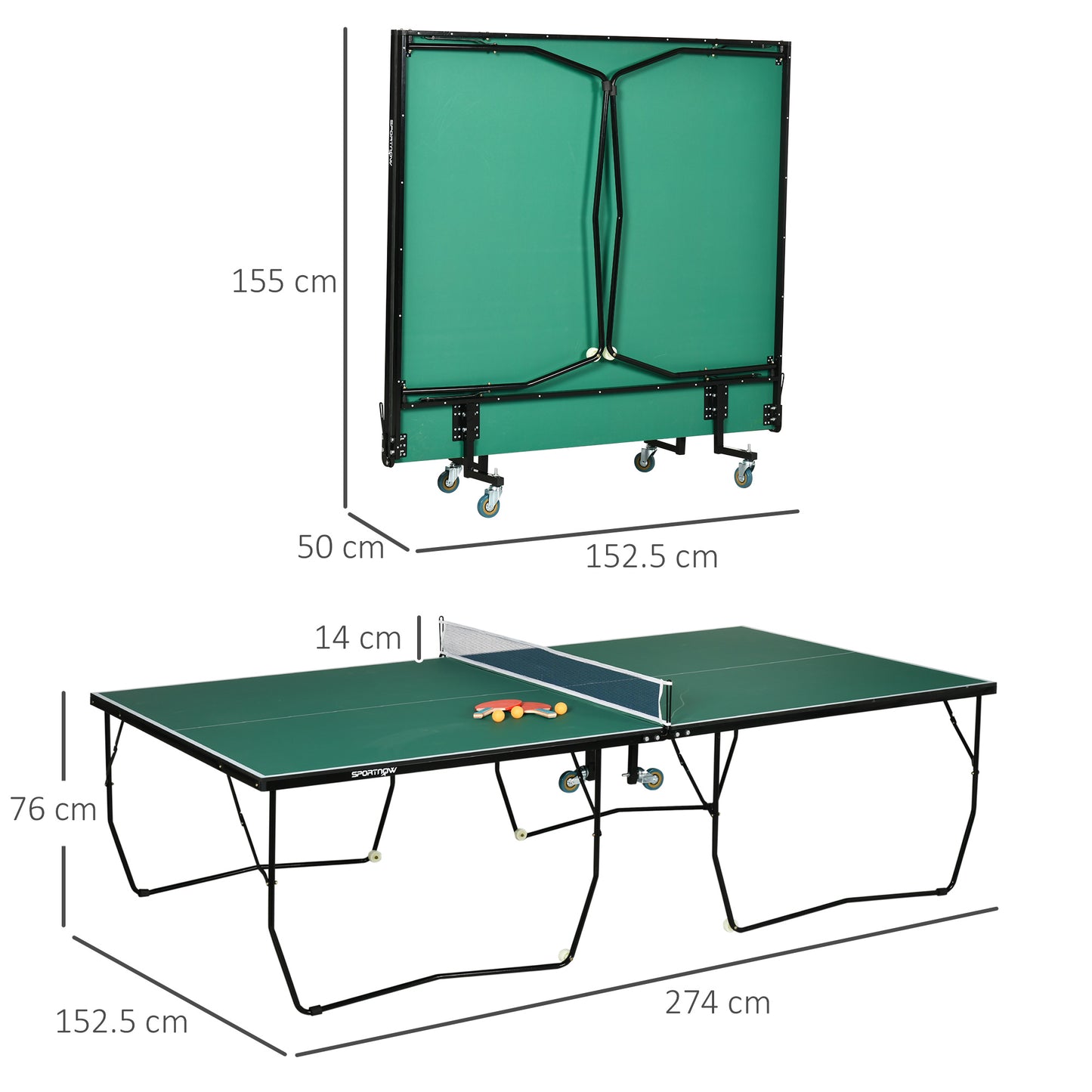 SPORTNOW 9FT Folding Table Tennis Table, with 8 Wheels, for Indoor Use - Green