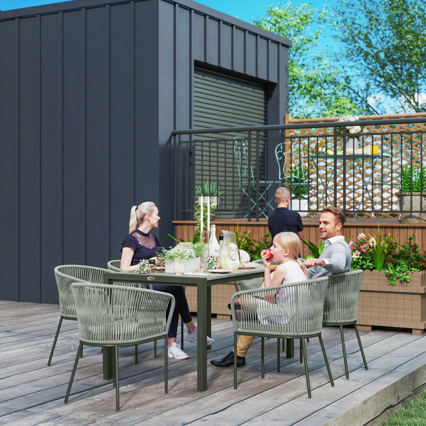 Zestaw jadalny Outsunny Rattan, 6-osobowy zestaw mebli ogrodowych z rattanu z blatem z drewna akacjowego, prostokątny stół, 6 krzeseł, zmywalne poduszki na siedziska, na zewnątrz, patio, do ogrodu zimowego, szary