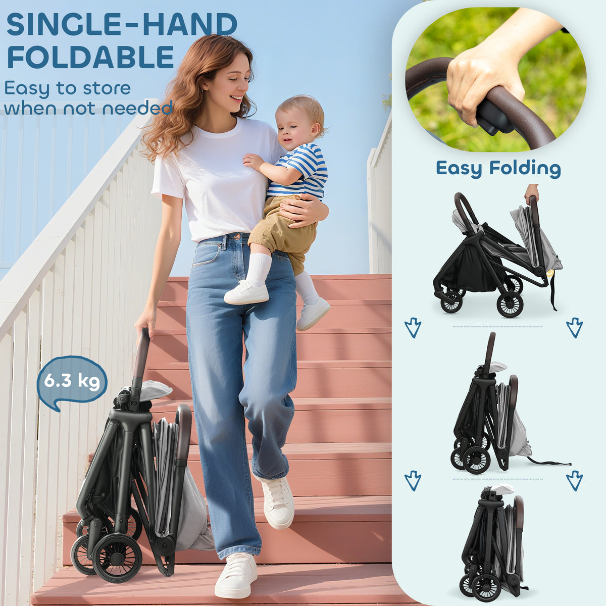 AIYAPLAY Foldable Baby Stroller with Adjustable Seat, 5-Point Harness, Canopy, Basket, 6.3kg Lightweight & Compact, Light Grey