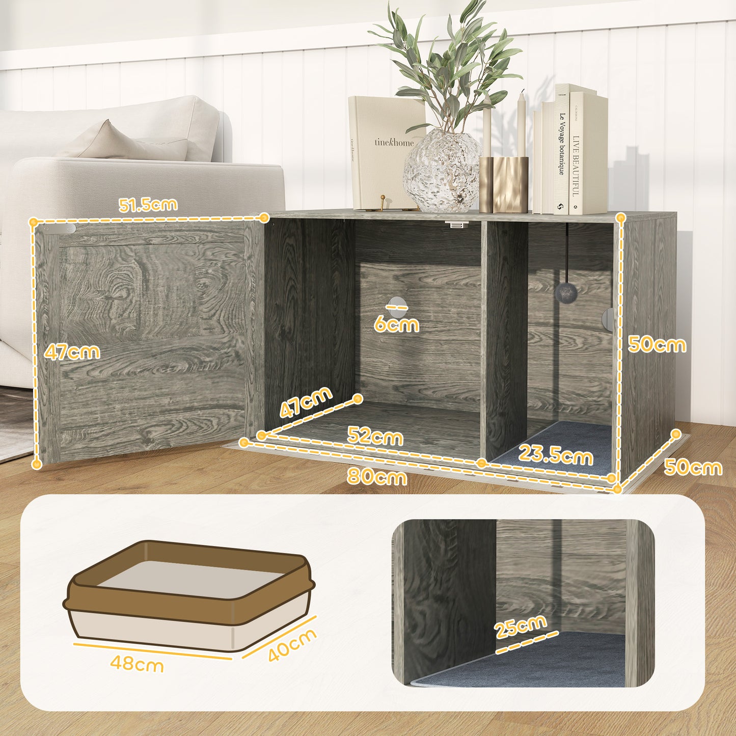 PawHut Cat Litter Box Enclosure z drzwiami rattanowymi, matą do drapania, piłką do zabawy, antypoślizgowymi podkładkami pod stopy, szary