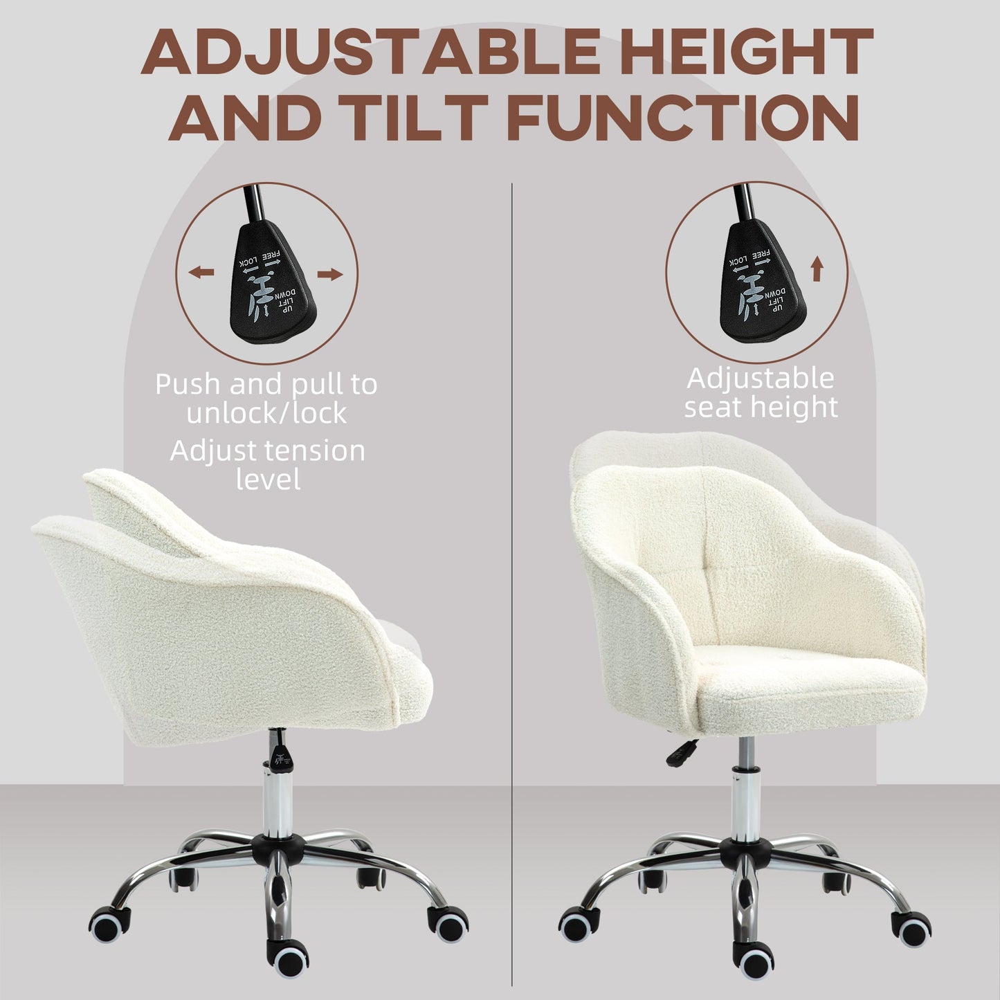 HOMCOM 46-56 cm Teddy Fleece Office Chair - Cream