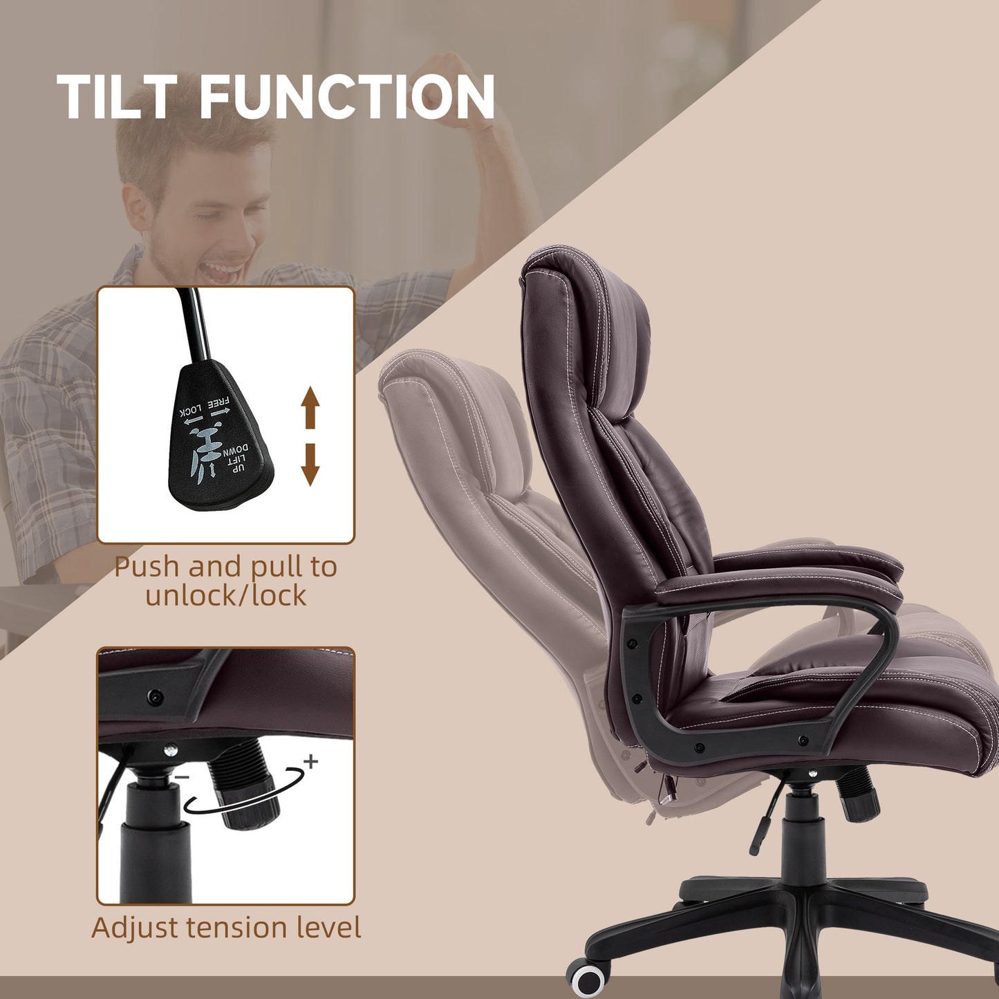 Vinsetto Office Chair with 6-Point Maaage, PU Desk Chair with Padded Seat and Armrest, Computer Chair with Tilt Function for Home, Brown