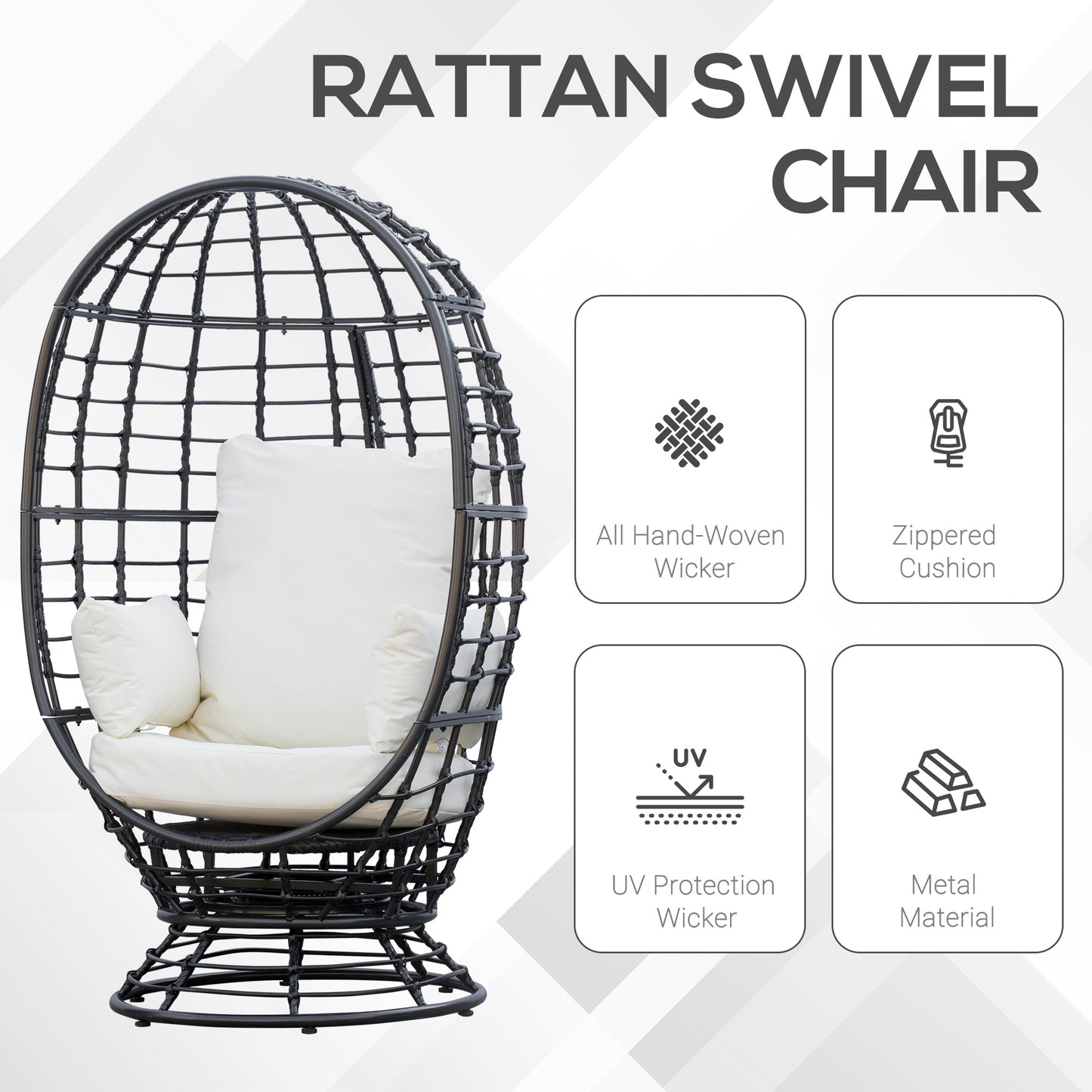 Outsunny Obrotowy fotel Egg, rattanowy fotel ogrodowy z poduszką i poduszką na balkon, do ogrodu, na patio, czarny