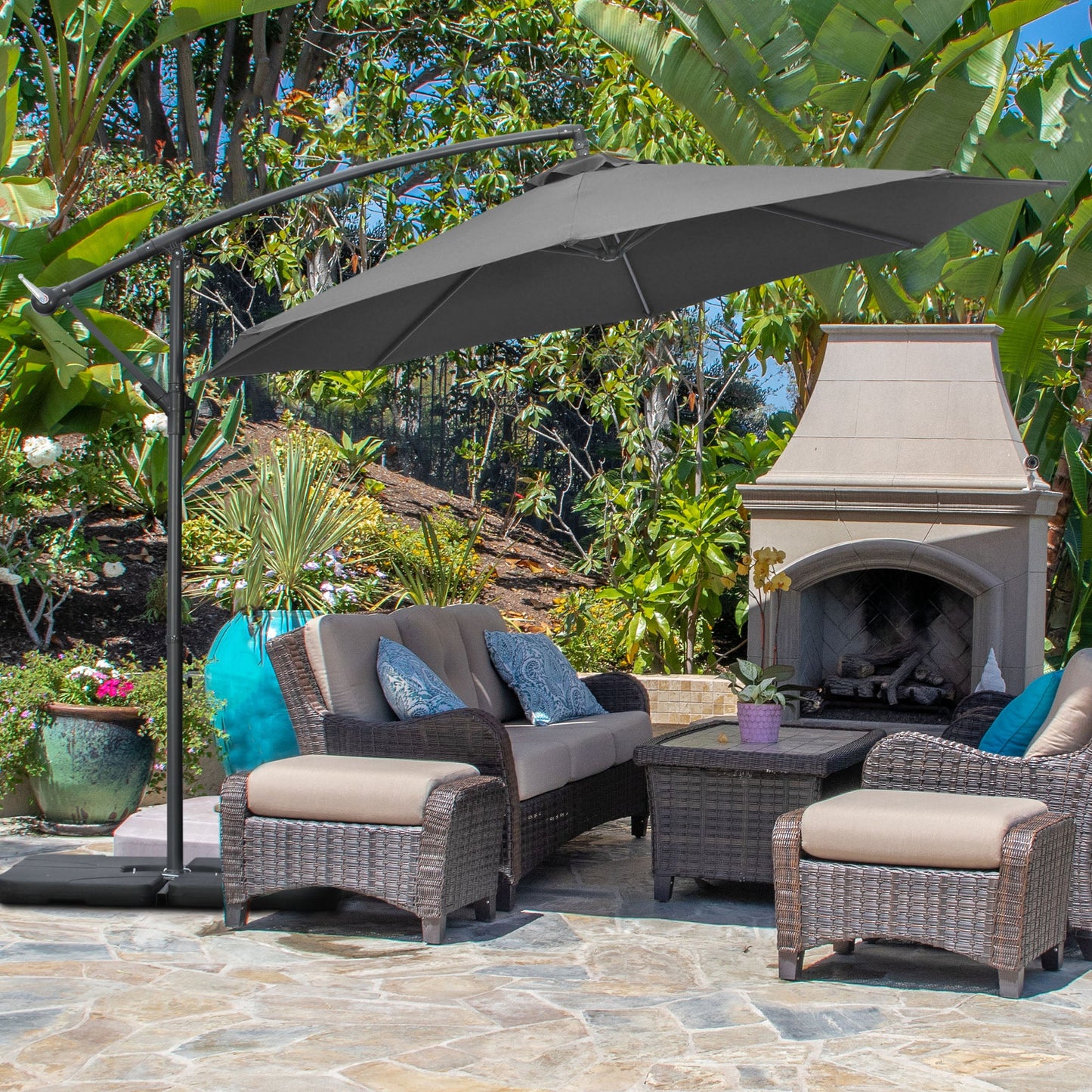 Outsunny 3(m) Garden Banana Parasol Cantilever Umbrella with Crank Handle, Cross Base, Weights and Cover for Outdoor, Hanging Sun Shade, Black