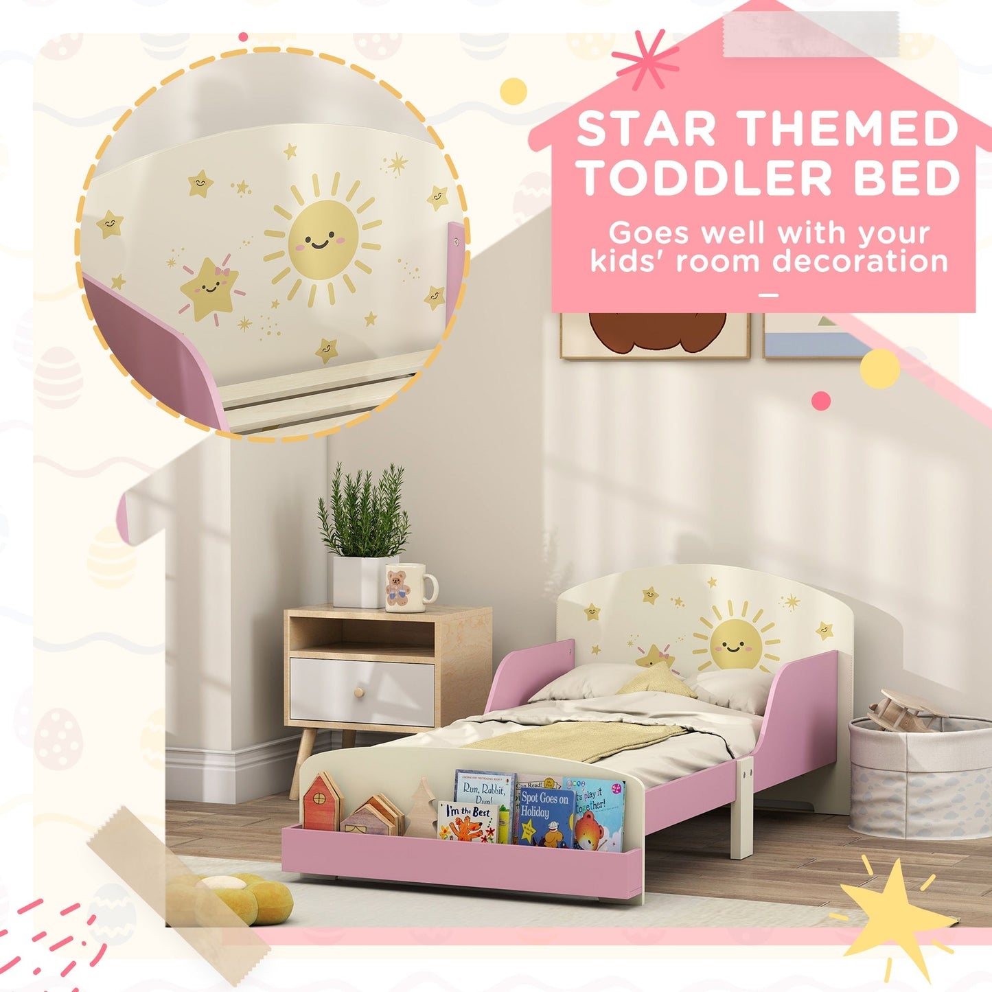 AIYAPLAY Toddler Bed with Storage, Guardrails, Sun Design, for Ages 3-8 Years, Fits 140 x 70cm Mattress,