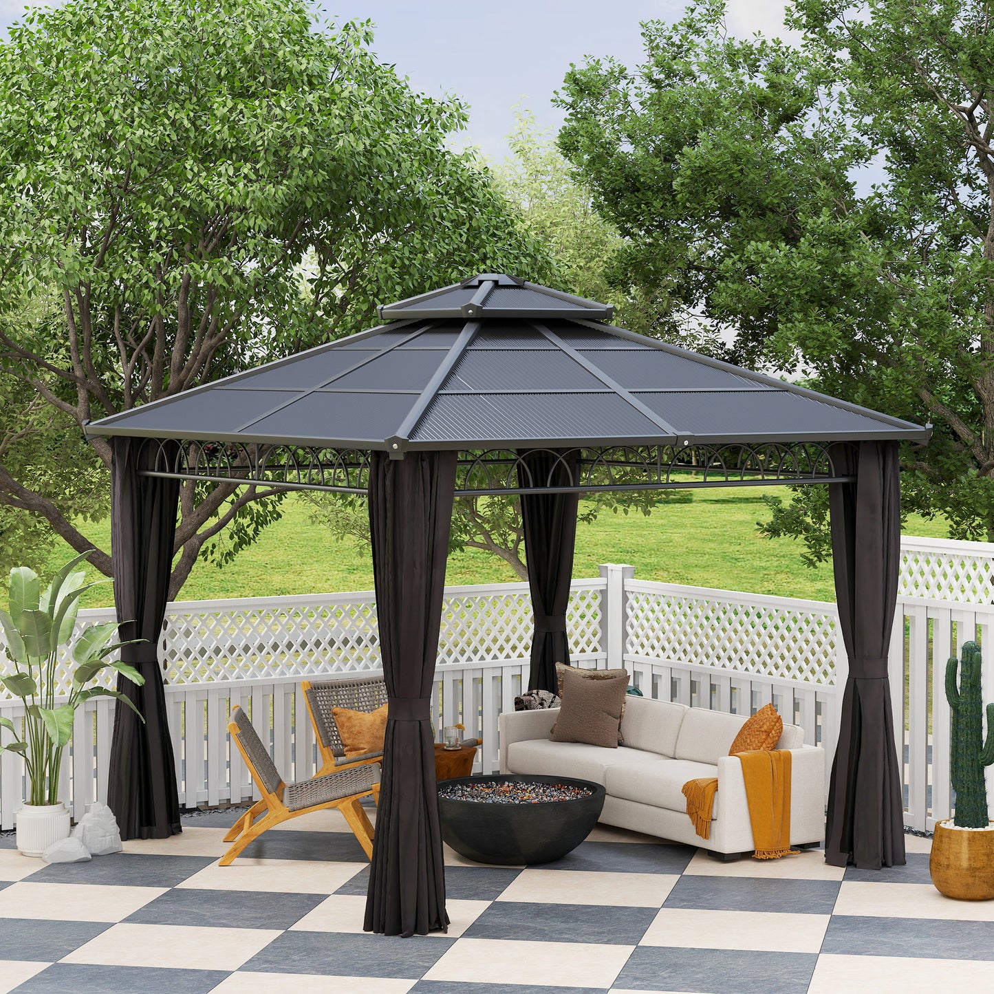 Outsunny 3 x 3 (m) Outdoor Polycarbonate Gazebo, Double Roof Hard Top Gazebo with Galvanised Steel Frame, Nettings & Curtains for Garden, Lawn, Patio and Deck, Dark Grey