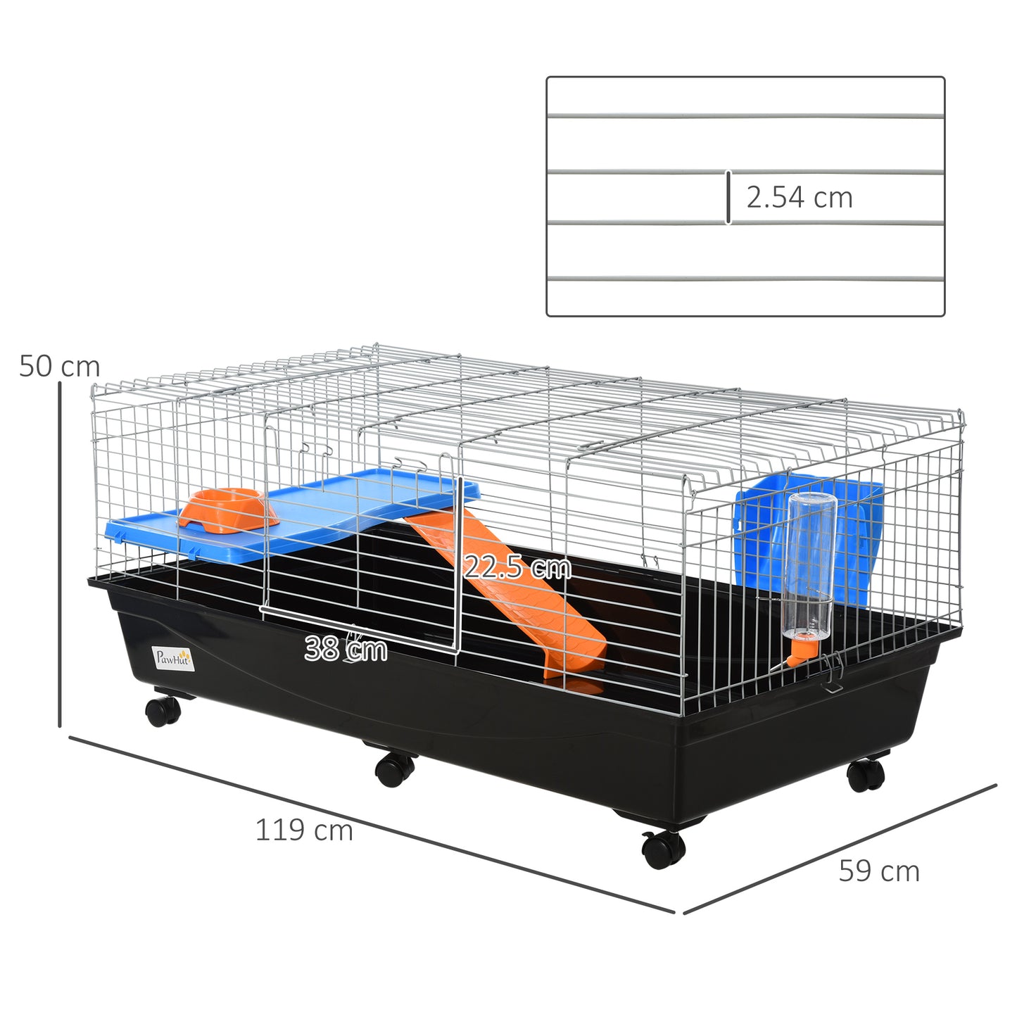 PawHut Klatka dla małych zwierząt Królik Świnka morska Szynszyla Klatka z kółkami Butelka z wodą Miska na jedzenie Platforma Rampa 119 x 59 x 50 cm Czarny