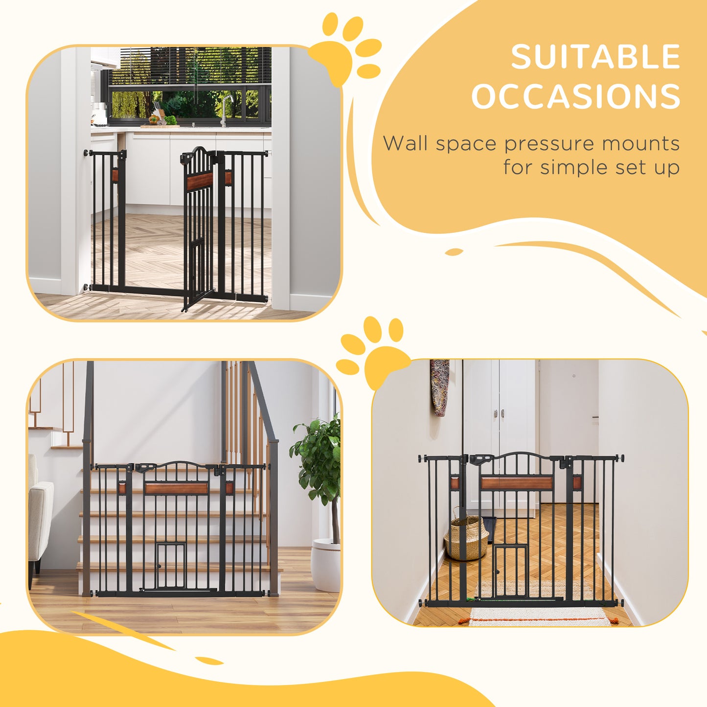 Bramka zabezpieczająca dla zwierząt PawHut Pet Gate z drzwiczkami dla kota, zamykana automatycznie, na schody, drzwi, korytarze, szerokość 74-105 cm - czarna