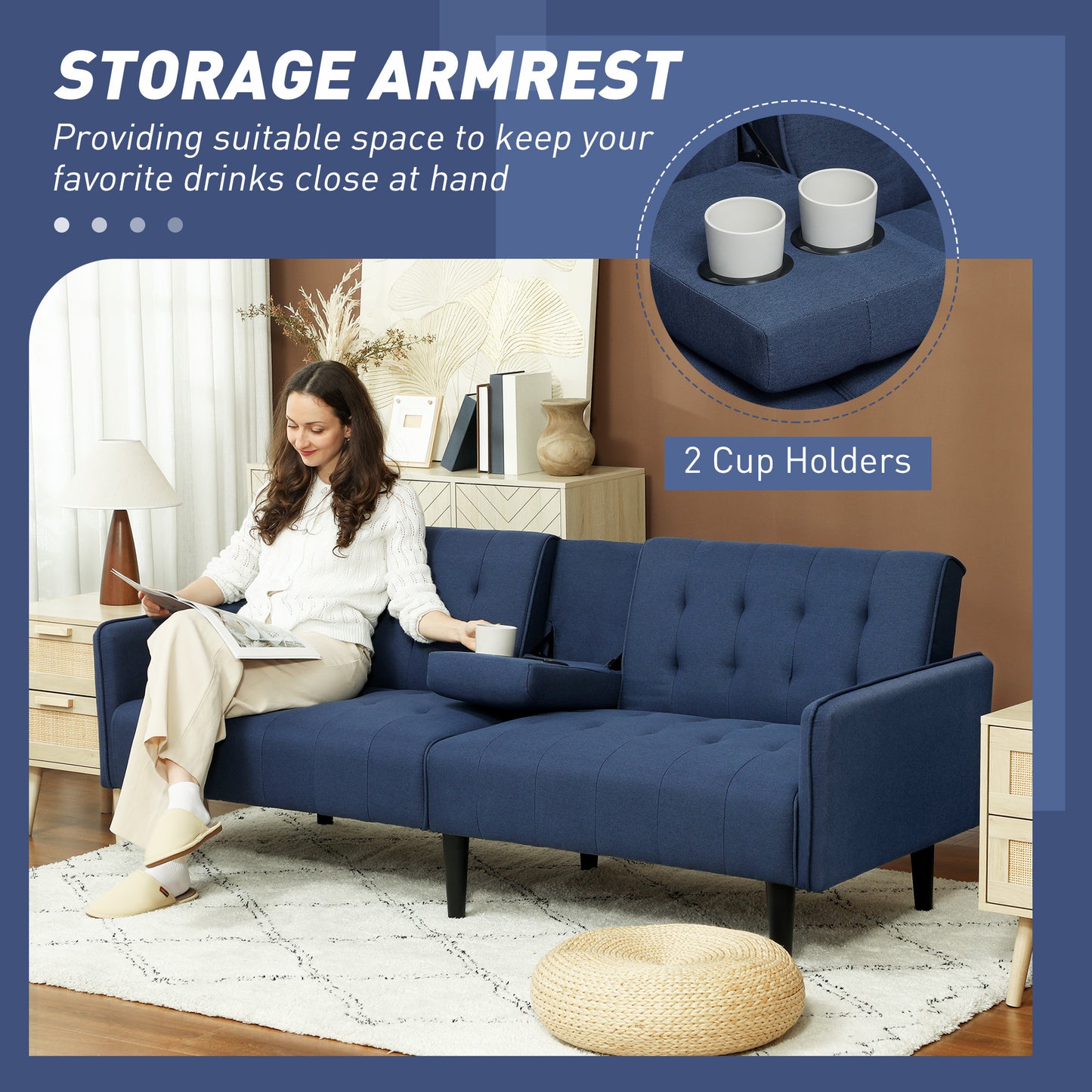 HOMCOM Upholstered Click Clack Sofa Bed, Linen-Feel 3 Seater Sofa Bed with Storage and Cupholders, Dark Blue