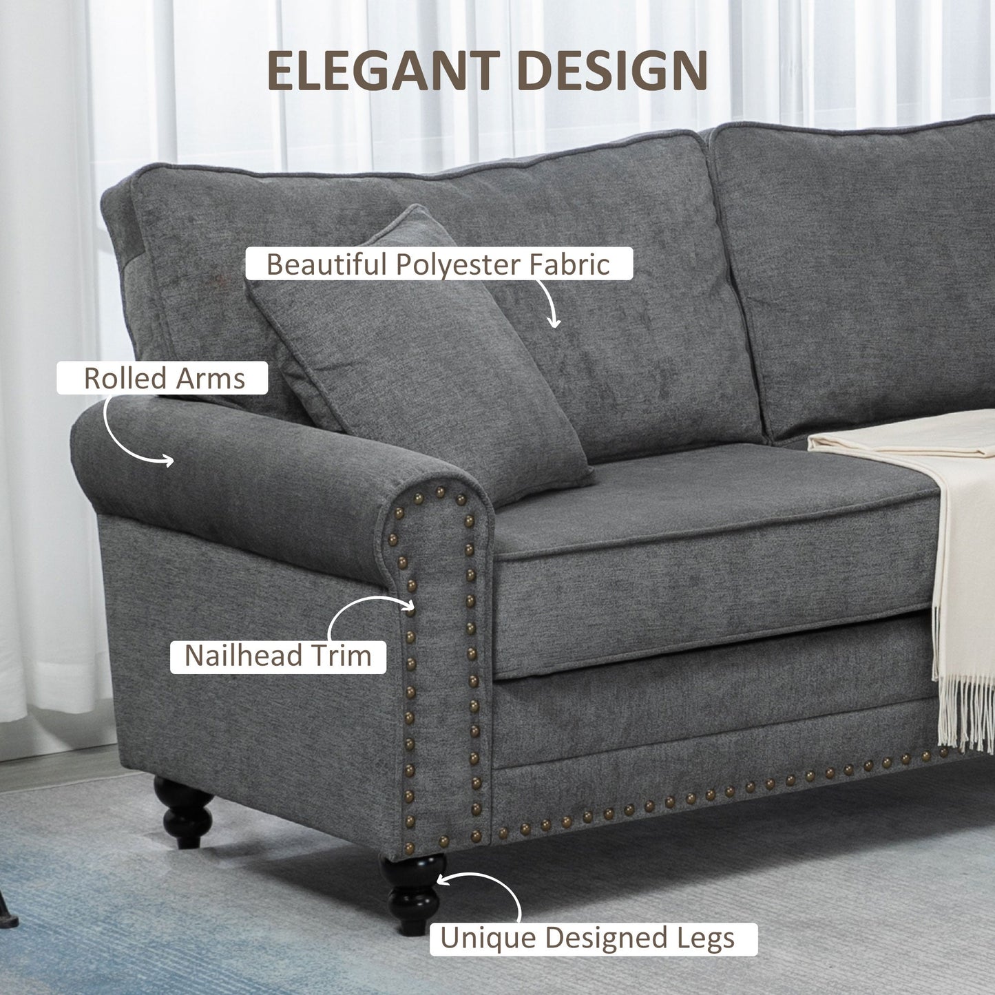 Sofy 3-osobowe HOMCOM do salonu, sofa materiałowa z filcowymi matami, poduszkami i poduszkami, szara