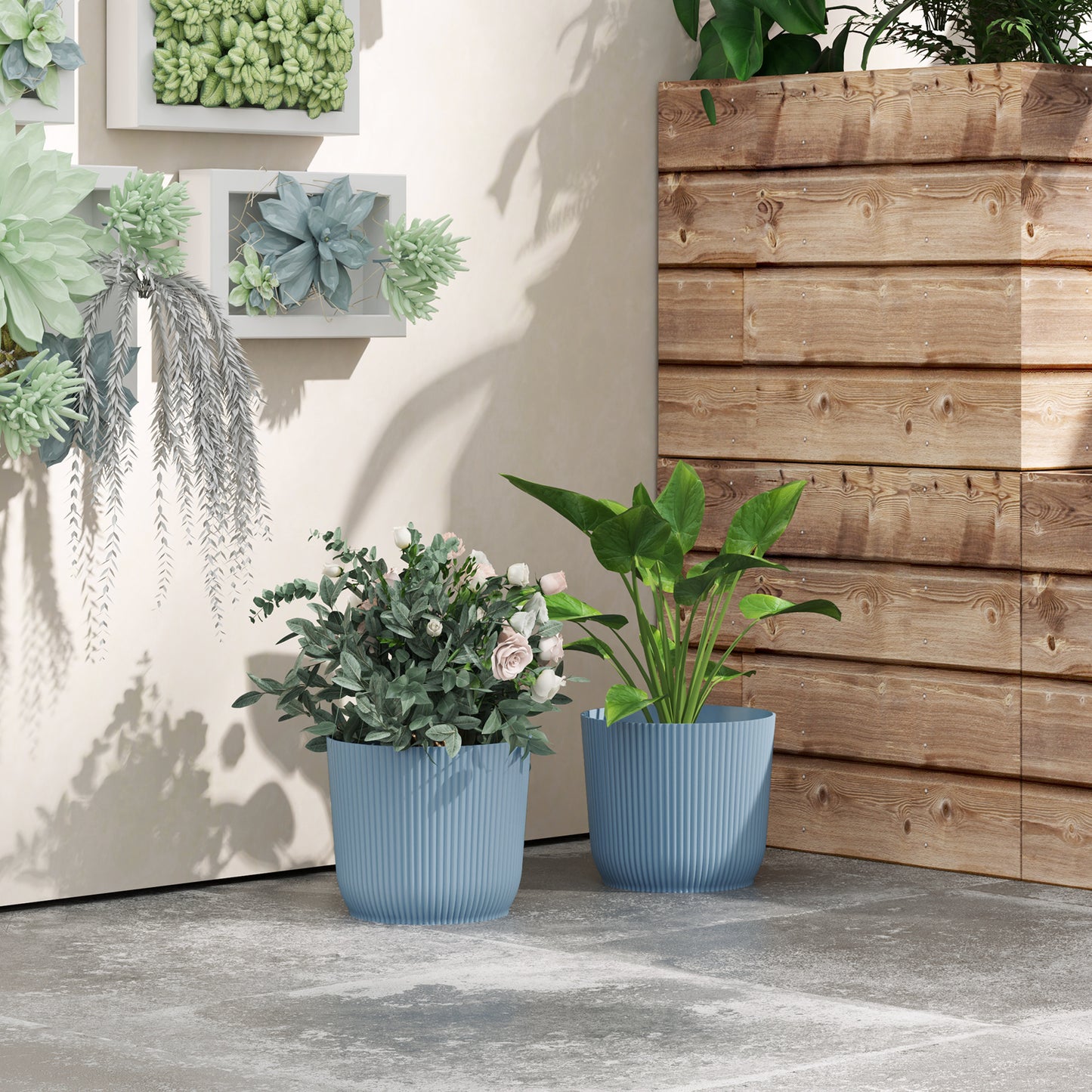 Outsunny Set of Two Ф22cm Planters - Blue